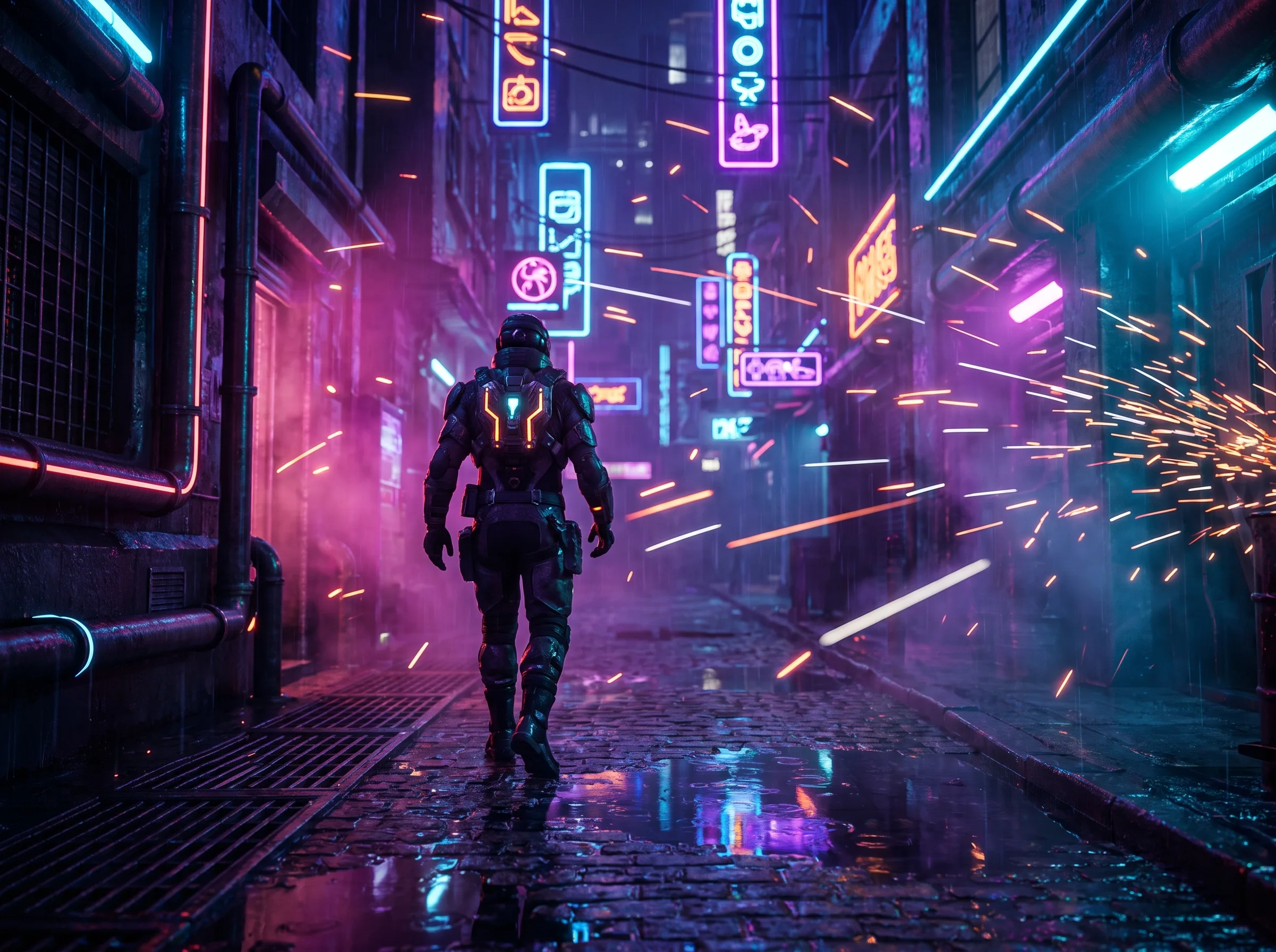 High-fidelity Unreal Engine game environment with Niagara particle effects in a neon-lit alley