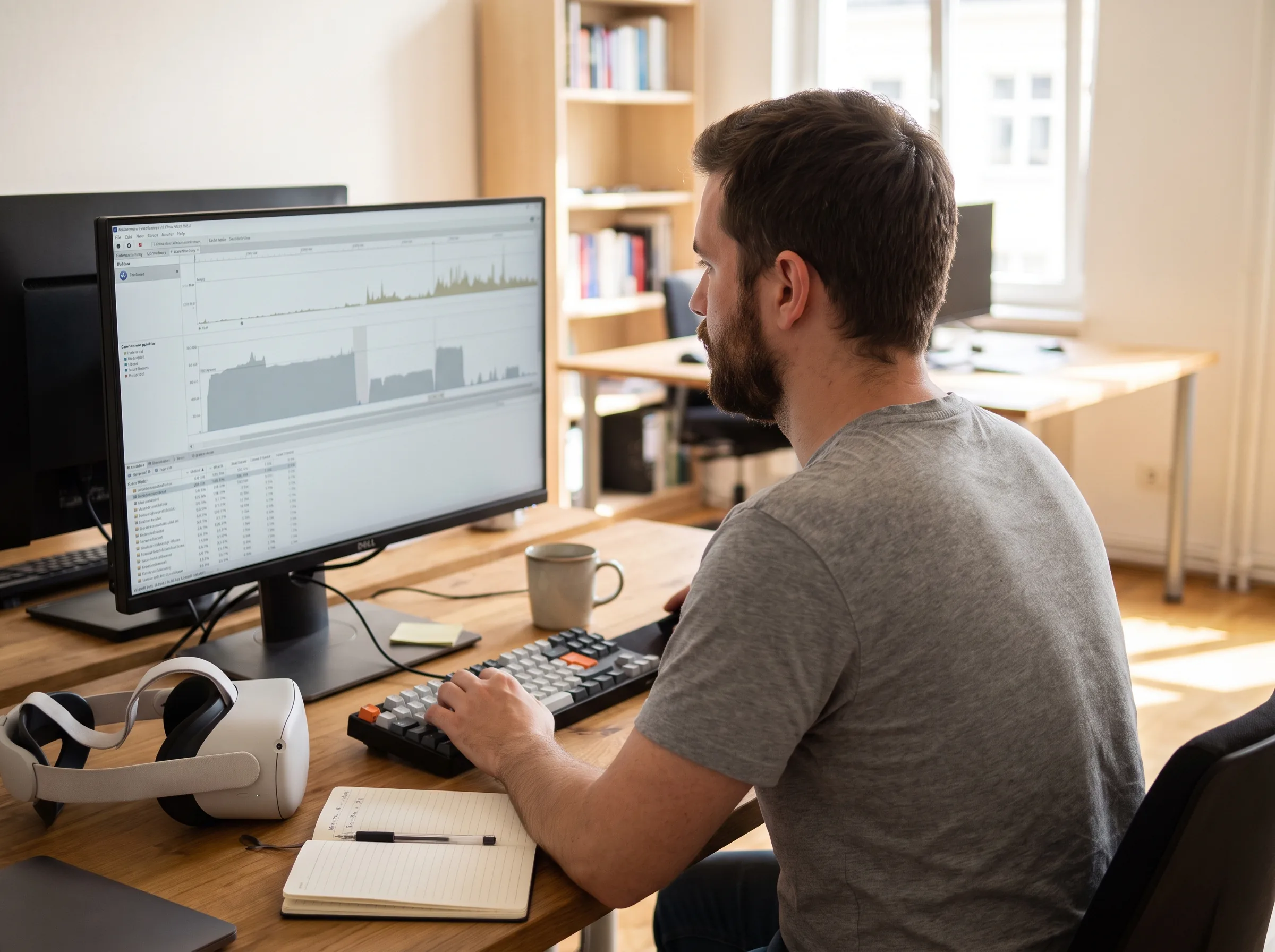 Developer profiling frame-time graphs on a workstation with a VR headset on the desk