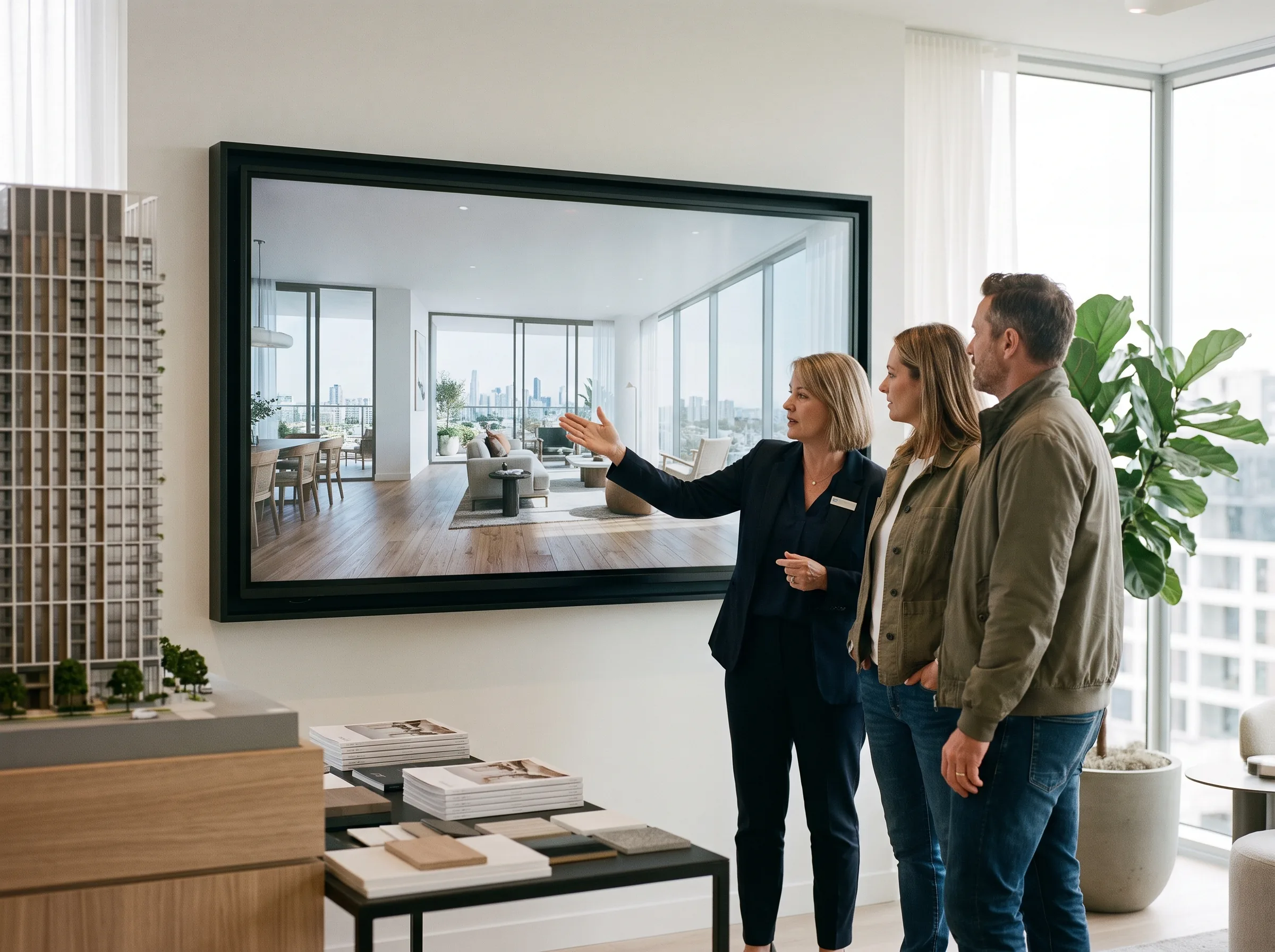 Estate agent showing a couple a photoreal interior walkthrough of an unbuilt apartment on a large screen in a sales gallery