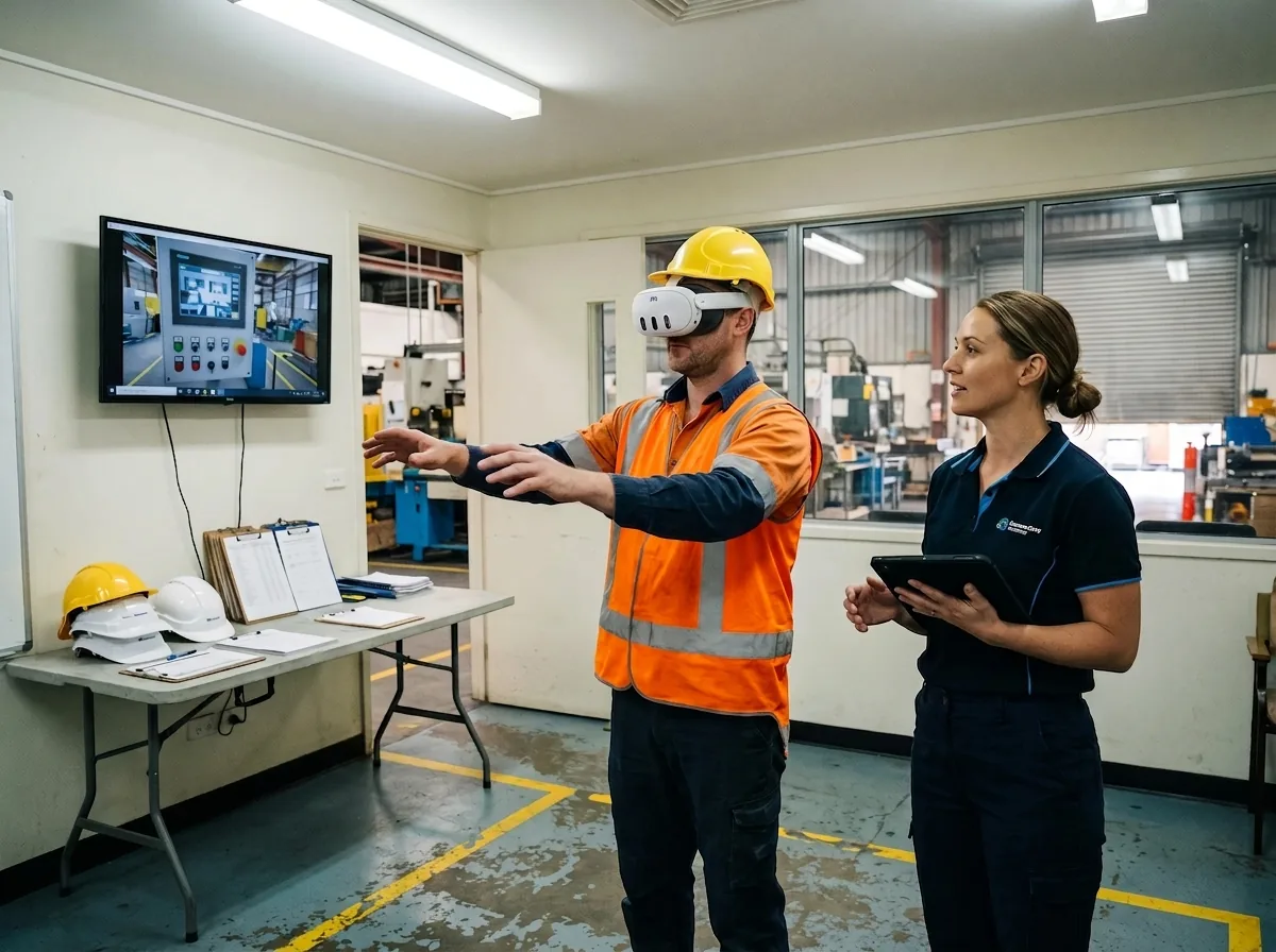 Factory worker in a hi-vis vest training in a Meta Quest 3S headset while an instructor observes with a tablet