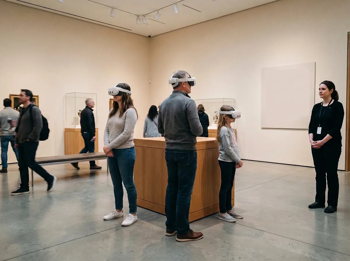 Museum visitors wearing Meta Quest 3S headsets exploring an exhibit while a guide observes in a gallery