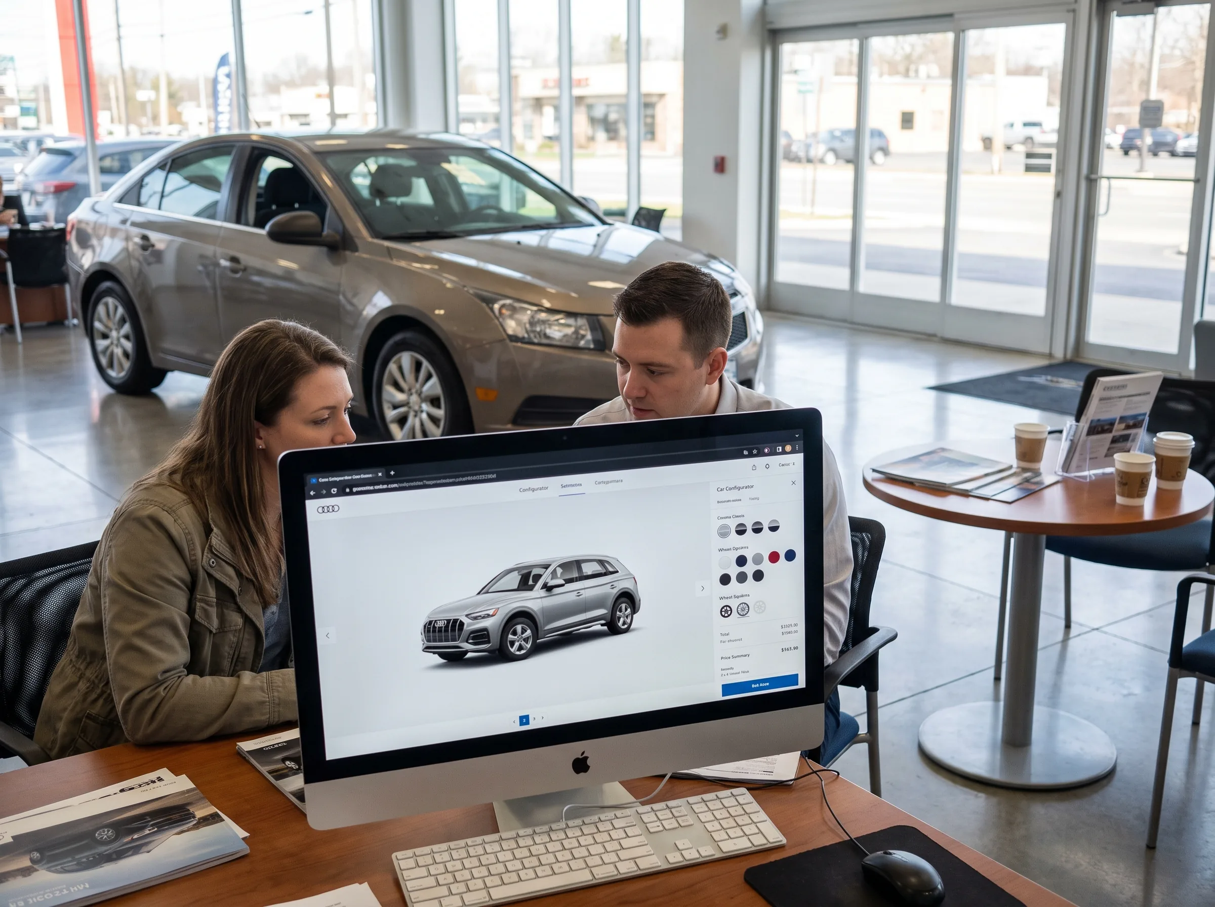Customer and sales consultant reviewing a photoreal 3D car configurator in a browser on a showroom monitor