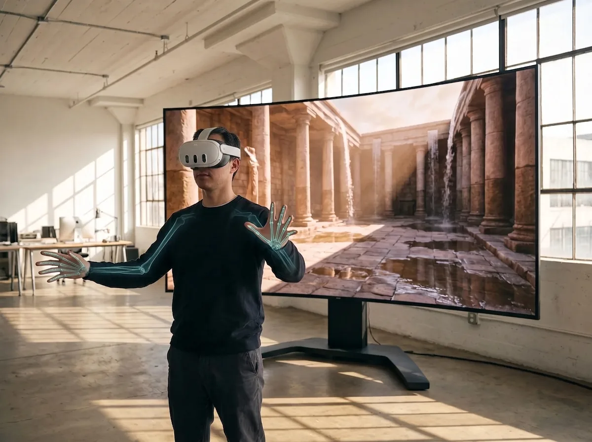 Unreal Engine VR developer in a Meta Quest 3S using hand tracking in front of a photoreal real-time environment