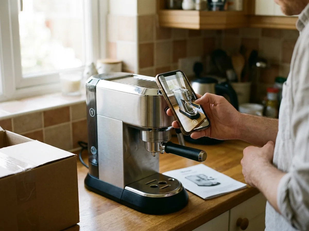 Phone held over an appliance showing a step-by-step AR manual anchored to its parts