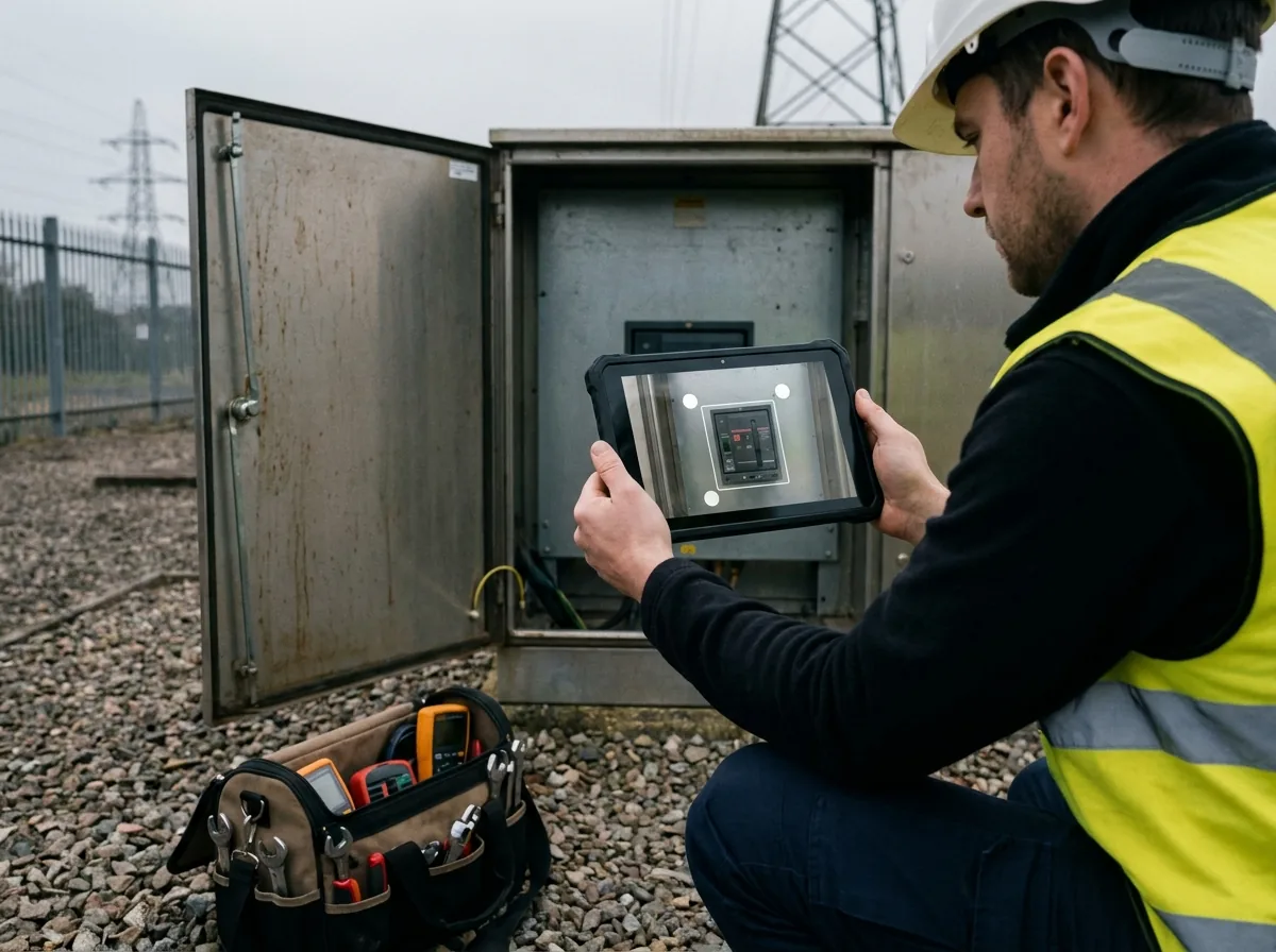 Field technician holding a tablet beside industrial equipment with a spatial service overlay