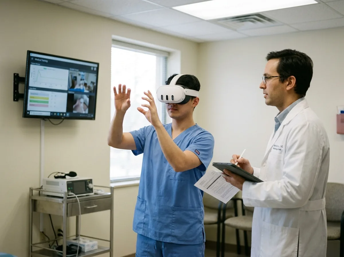 Trainee in a Meta Quest headset working through a procedure while an instructor observes