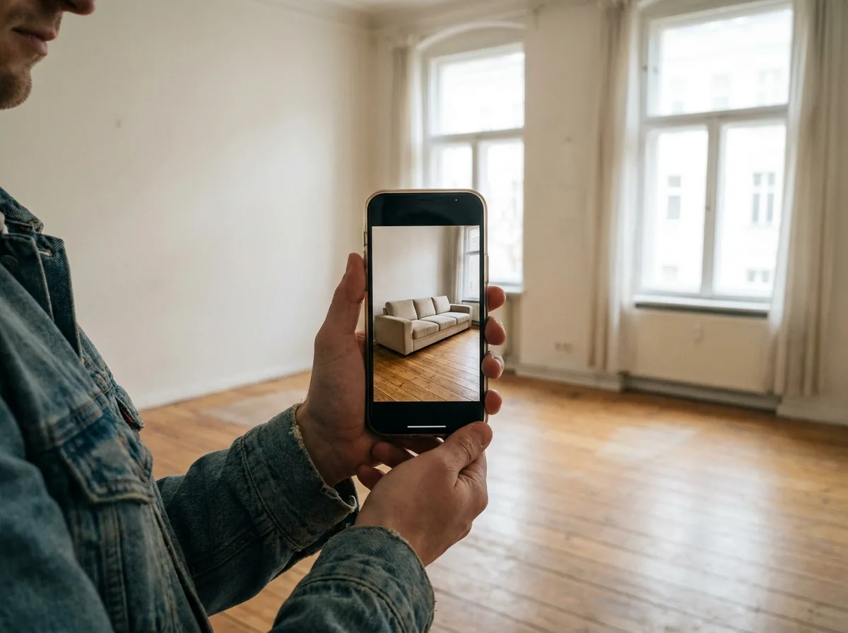 Phone placing a life-size sofa in a real living room with accurate scale and contact shadows