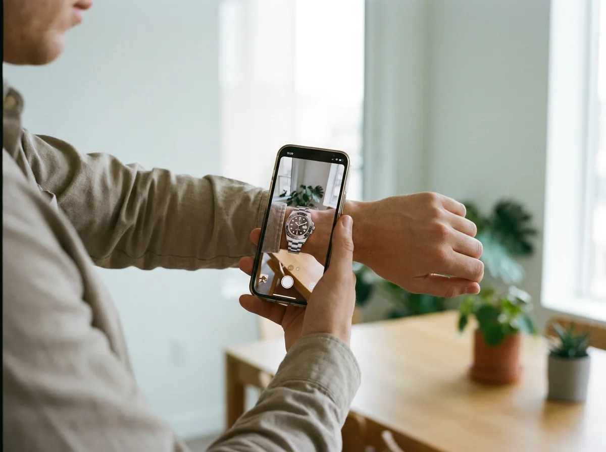 Person previewing a watch on their own wrist through a phone using virtual try-on