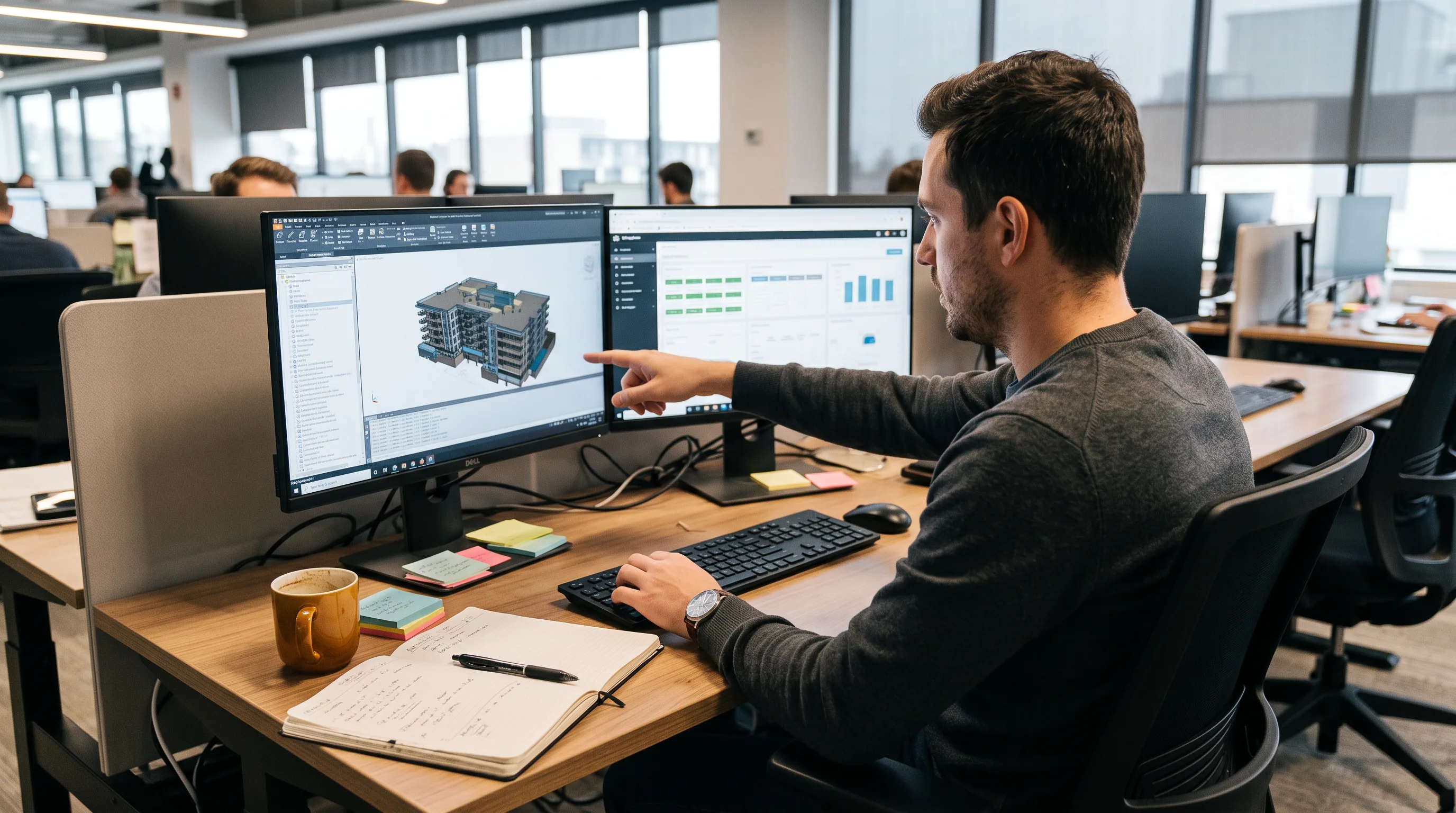 VDC engineer at a dual-monitor workstation comparing digital twin platform dashboards