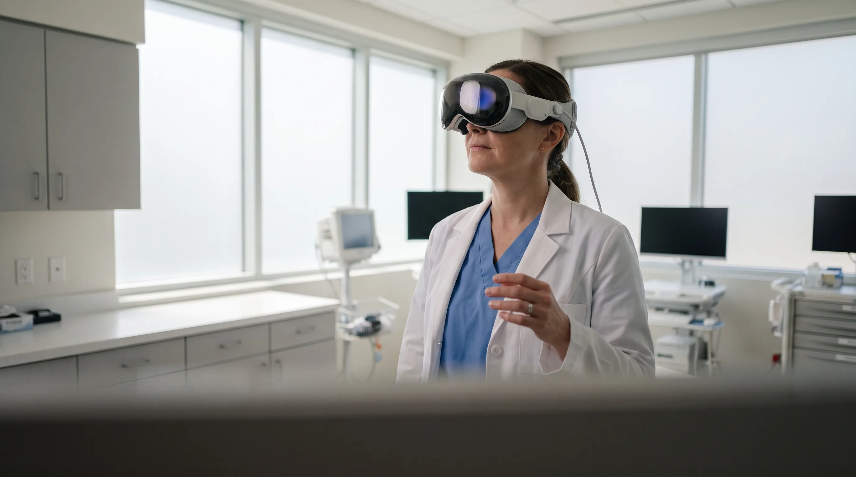 Virtual reality in healthcare — clinician wearing an Apple Vision Pro headset in a bright, sterile hospital clinical room