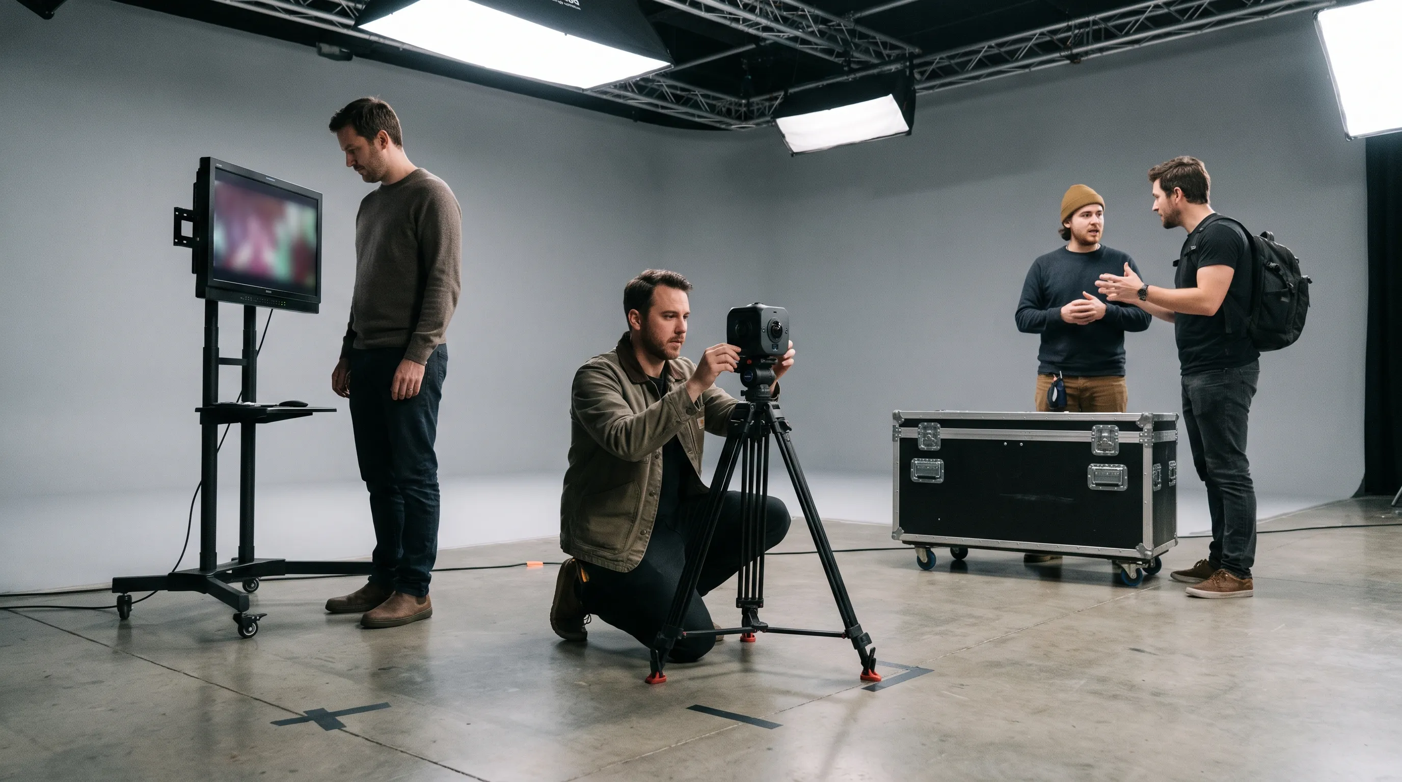 A virtual reality production crew reviews a 360 camera rig on a sound stage.