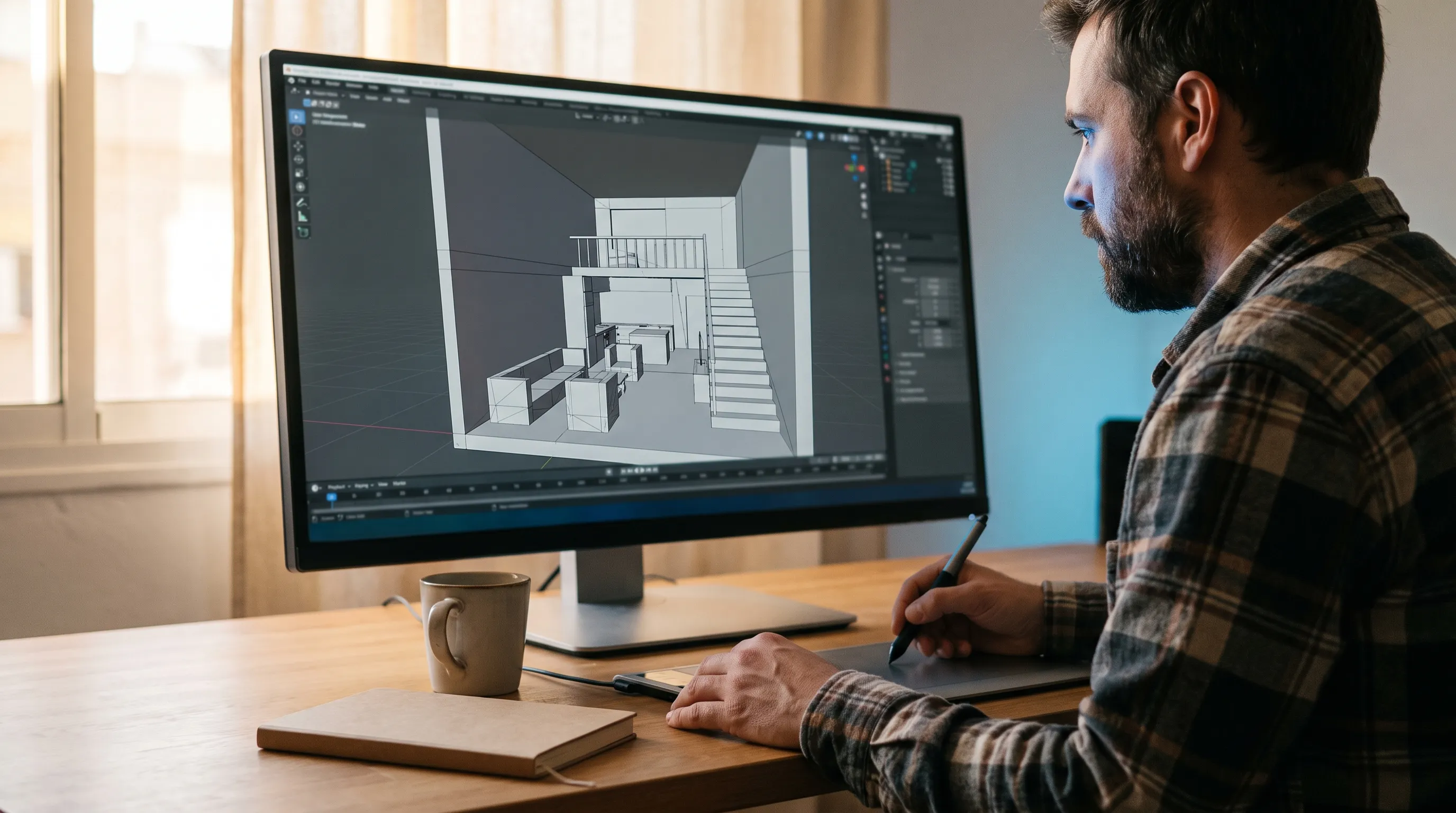 A 3D artist blocks out an environment scene during virtual reality production.
