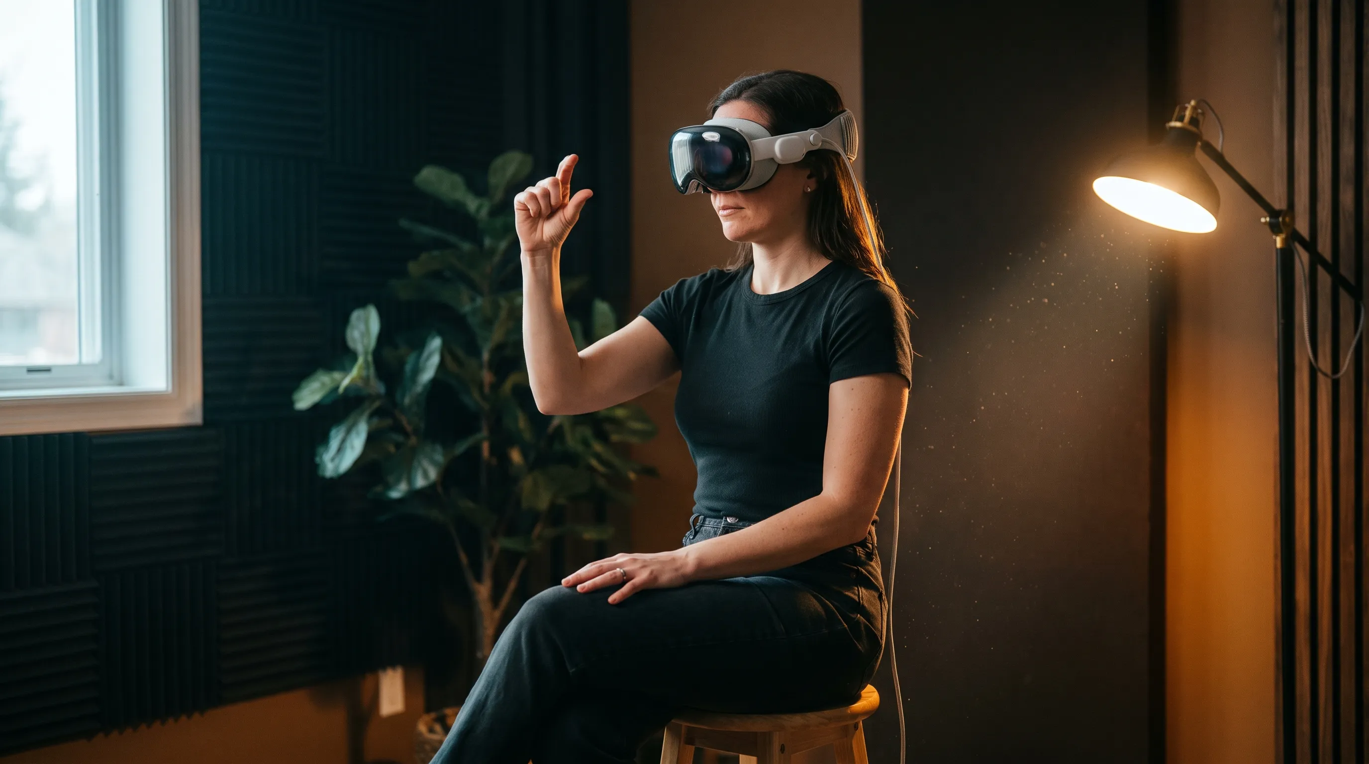 A director wearing a spatial computing headset reviews an immersive scene during virtual reality production.