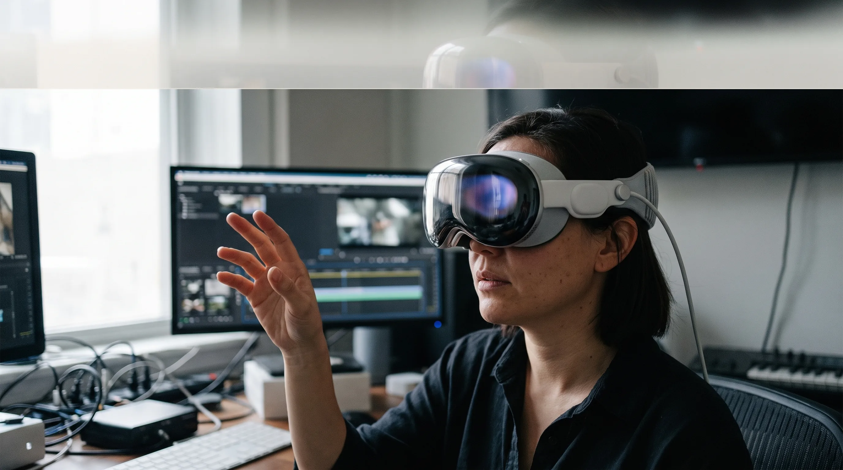A producer wearing an Apple Vision Pro reviews immersive virtual reality production footage.