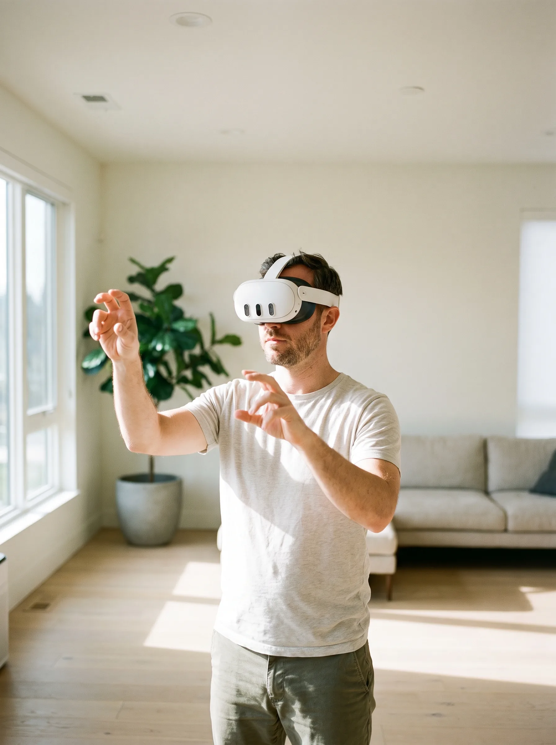 Person using a virtual reality app in a Meta Quest 3 headset in a bright modern room