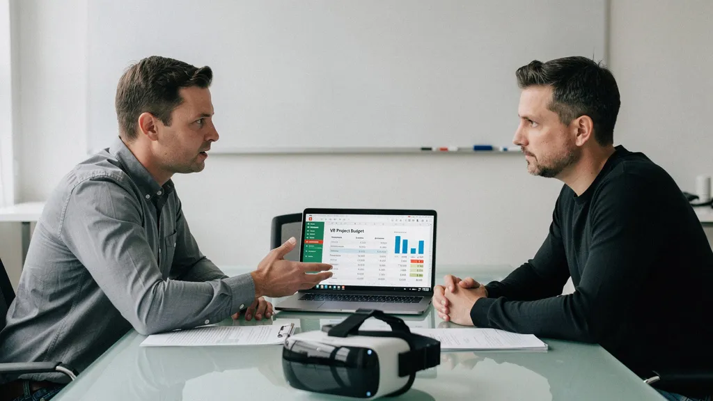 Product manager reviewing VR development cost estimate at a desk with Meta Quest 3