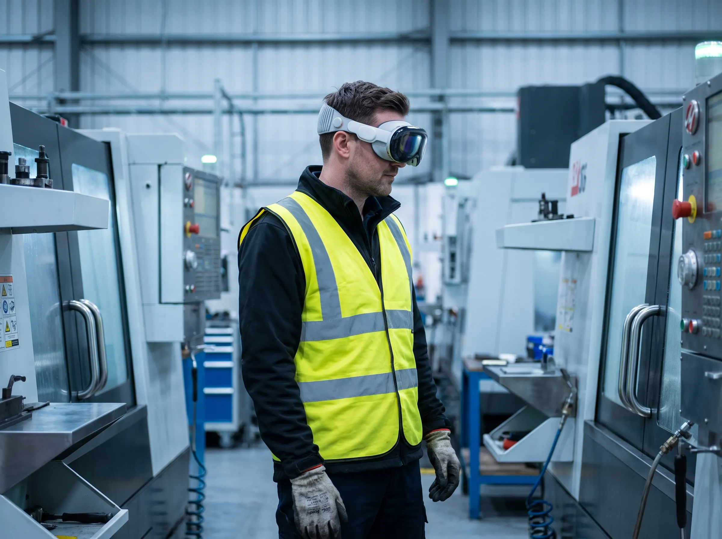 VR for industrial — technician in a hi-vis vest wearing an Apple Vision Pro on a production floor
