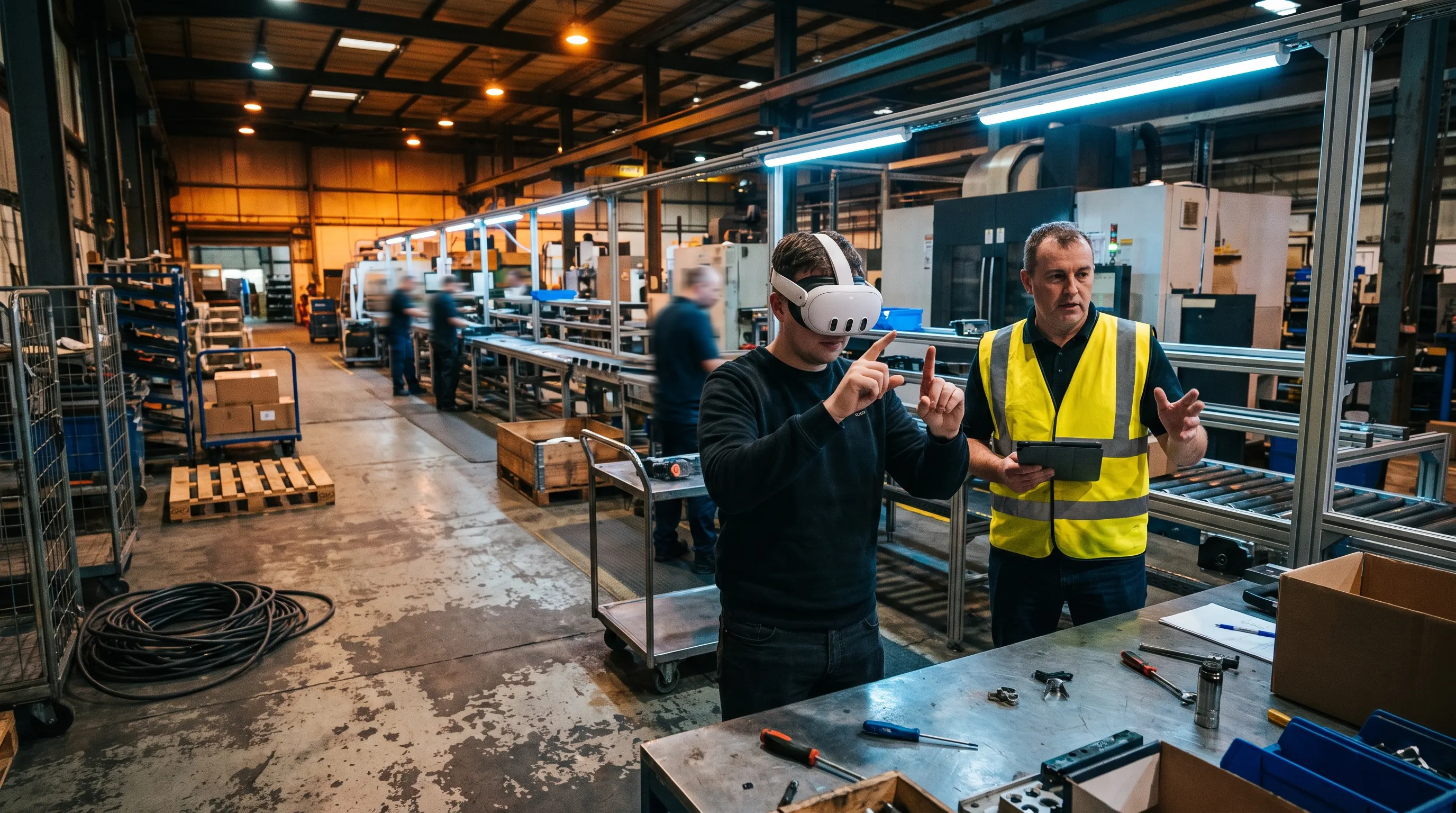 Trainee in a Meta Quest 3 headset practicing an assembly motion on an active factory floor while a supervisor observes