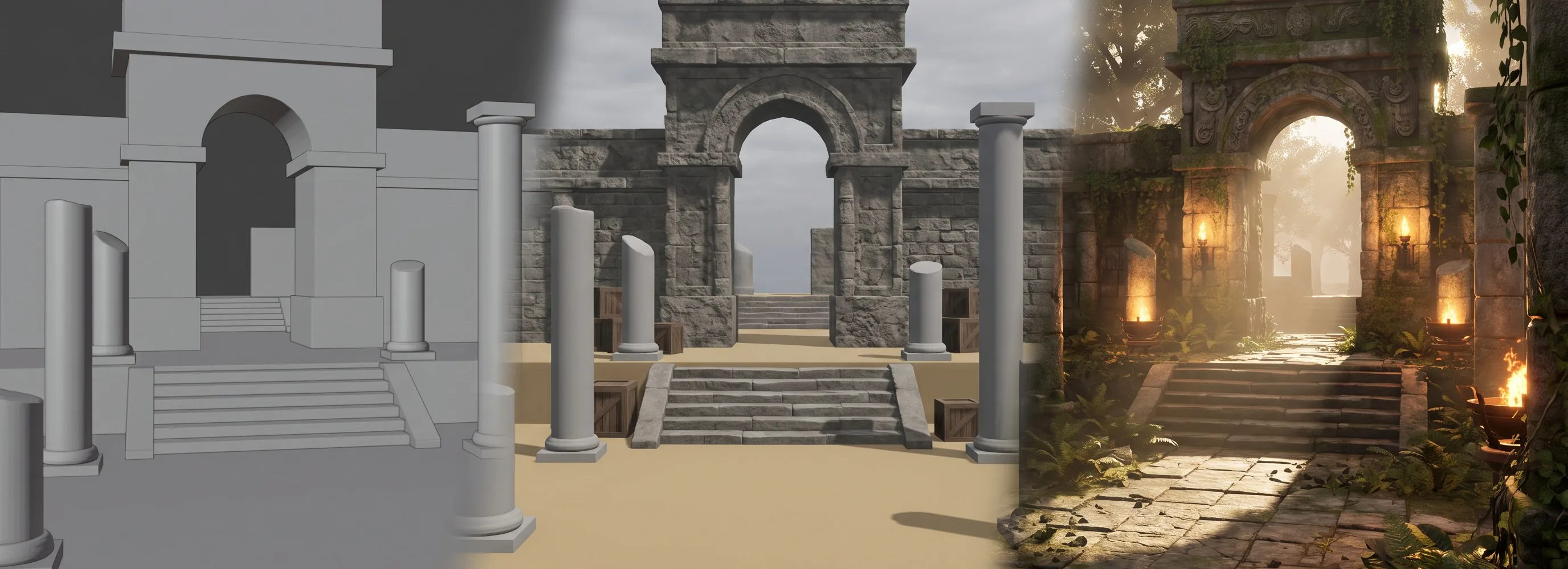 One game scene shown in three production states left to right — grey blockout, mid-production, then finished title