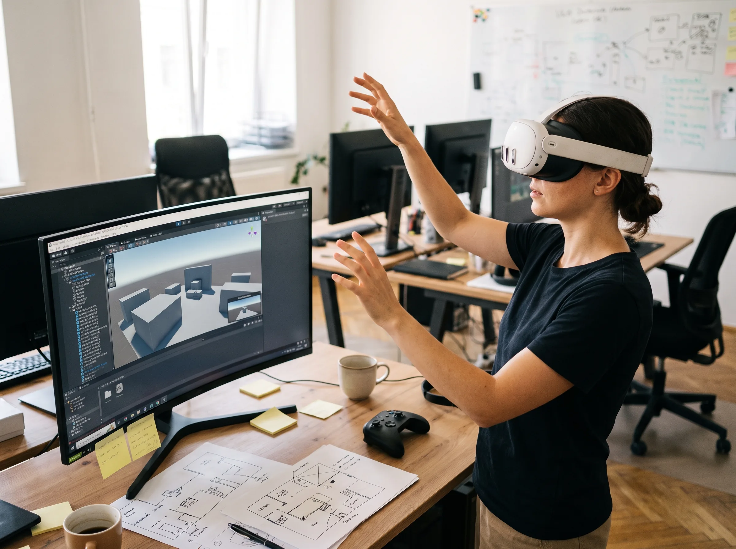 VR game designer in a Meta Quest 3 headset testing a greybox prototype level shown in the engine editor beside her