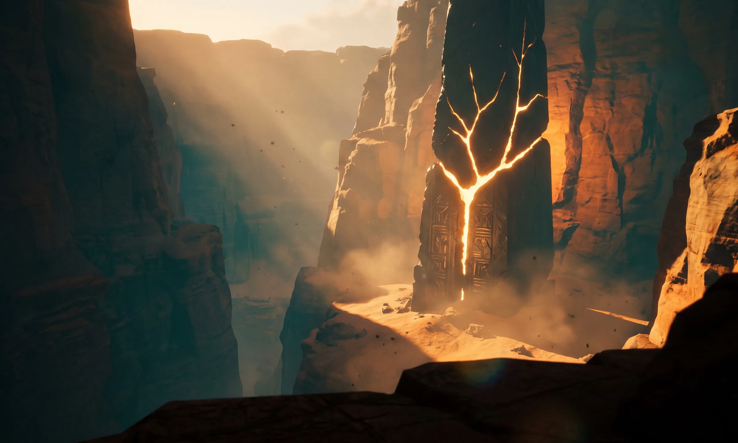 VR game development — a cinematic real-time game world with a glowing monolith in an alien canyon at golden hour
