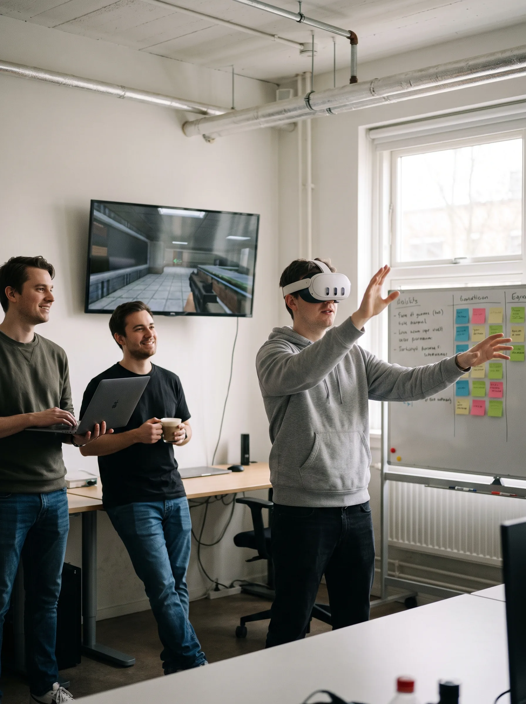 Small VR production team gathered for a sprint demo, reviewing the latest headset build together