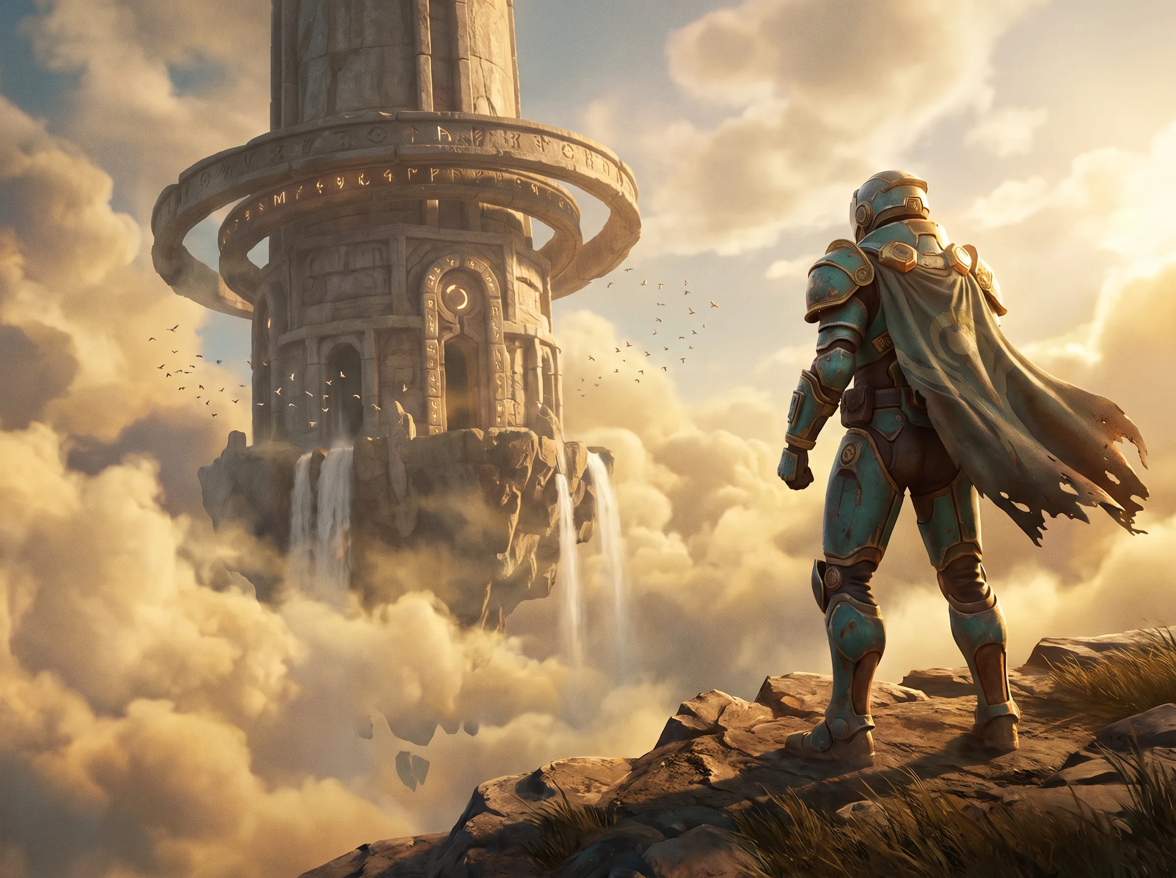 Premium stylized AAA game key art — an armored explorer facing a floating sky-temple above golden cloud