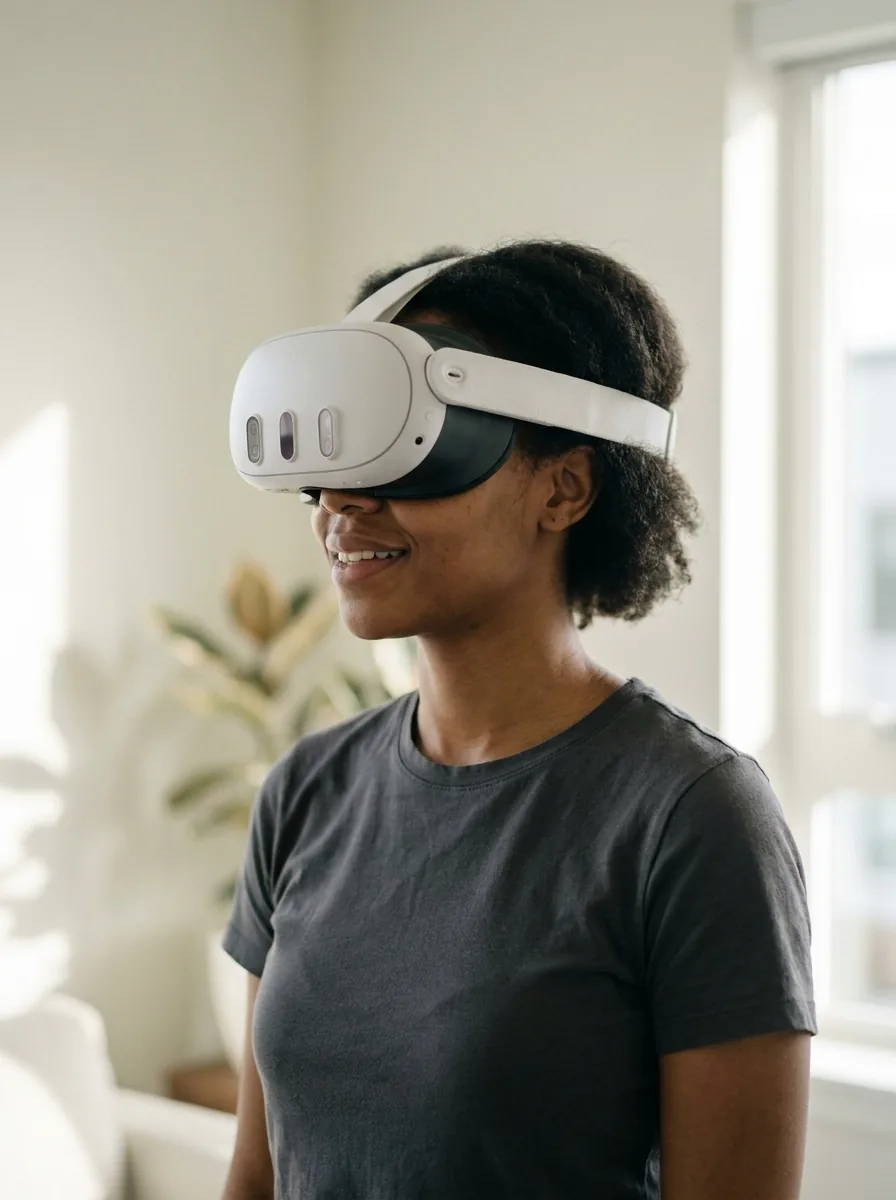 Player wearing a Meta Quest 3 headset in a clean modern room