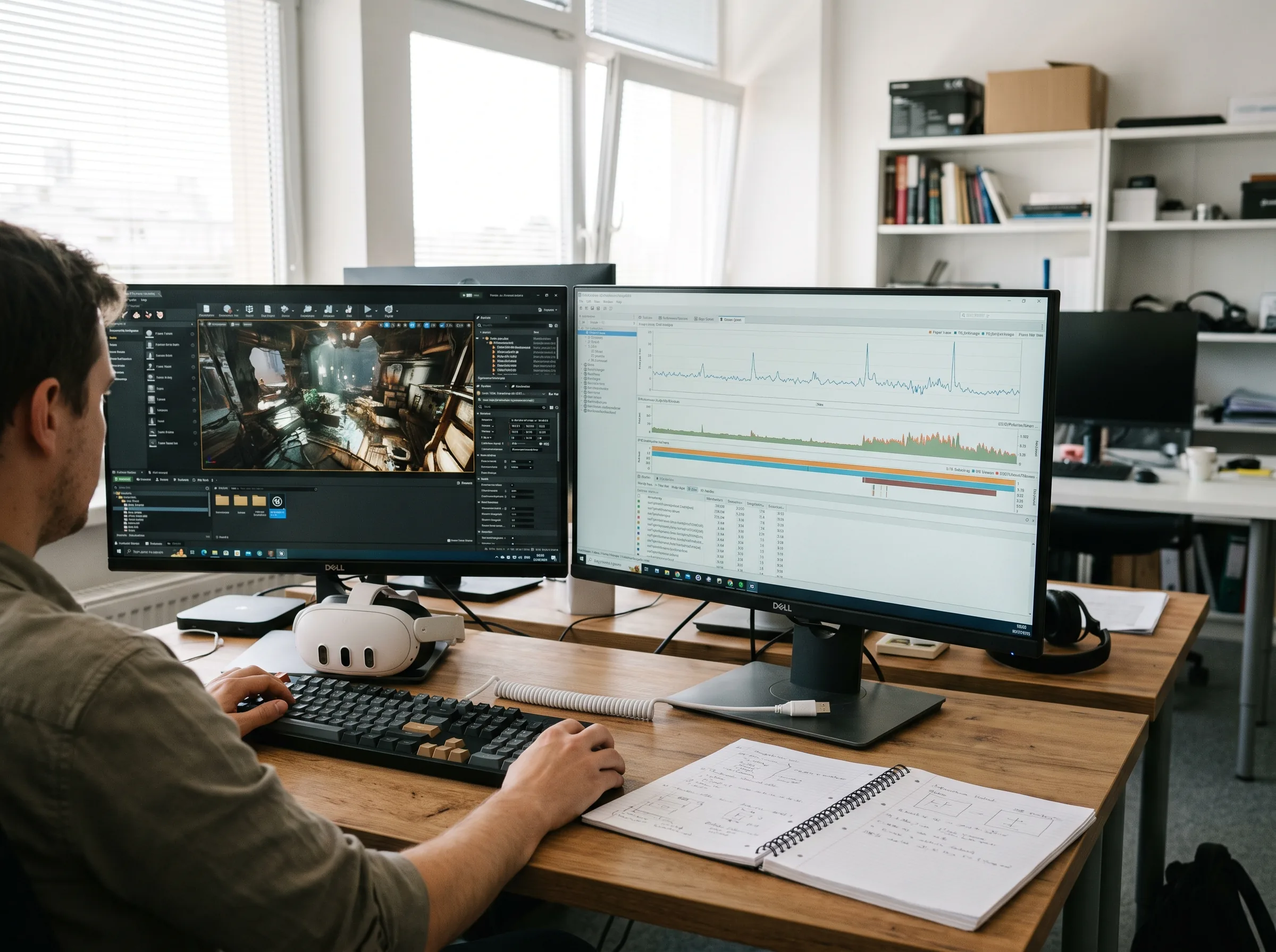 Developer comparing a source scene with an optimized headset build on a profiling workstation