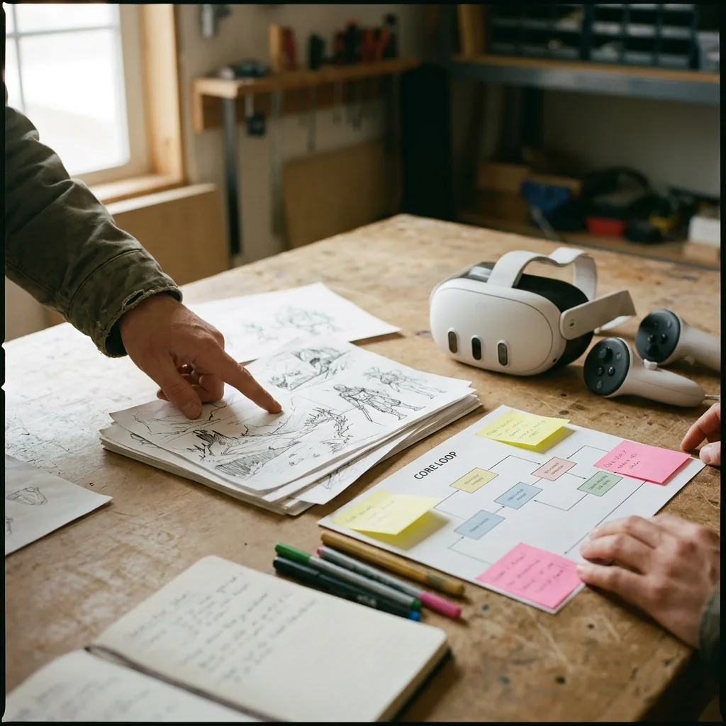Concept sketches, headset hardware and production notes laid out together in a game studio workshop