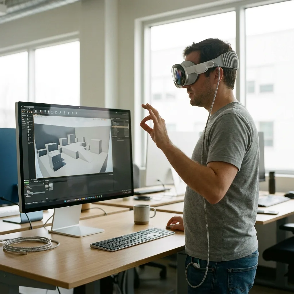 Developer in an Apple Vision Pro testing an early greybox VR build shown on the studio monitor