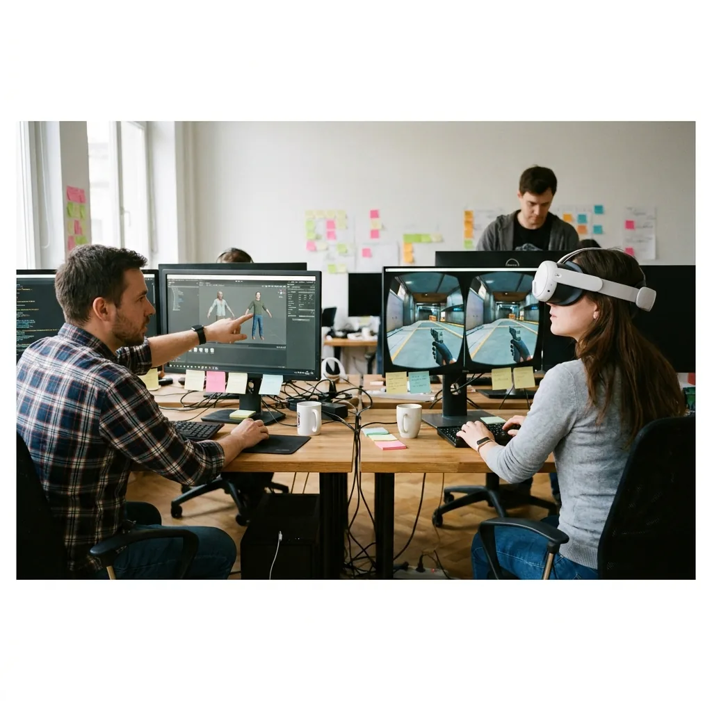 VR game team reviewing versioned builds, 3D assets and multiplayer testing during a production sprint