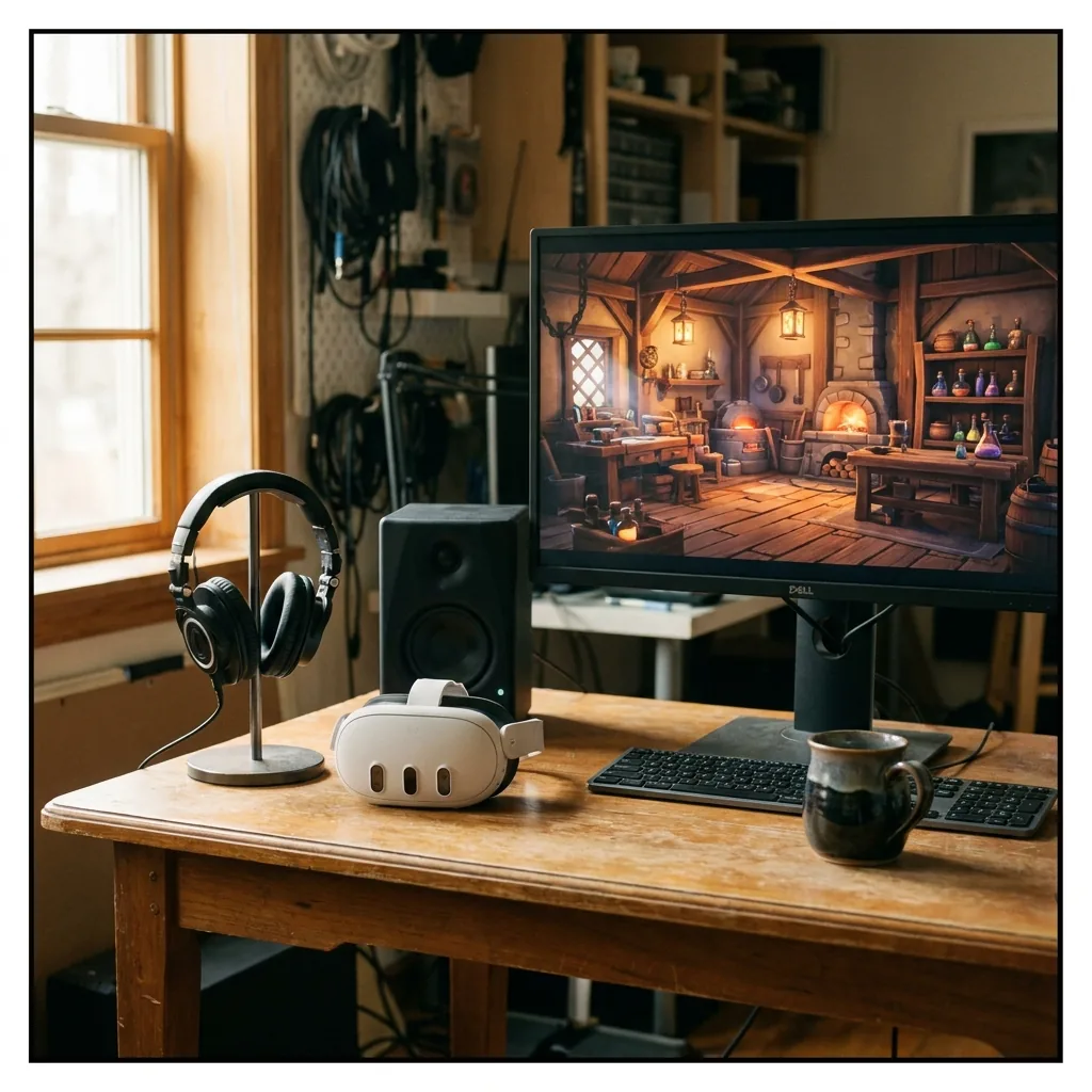 One polished representative VR game level shown with its finished art and audio context