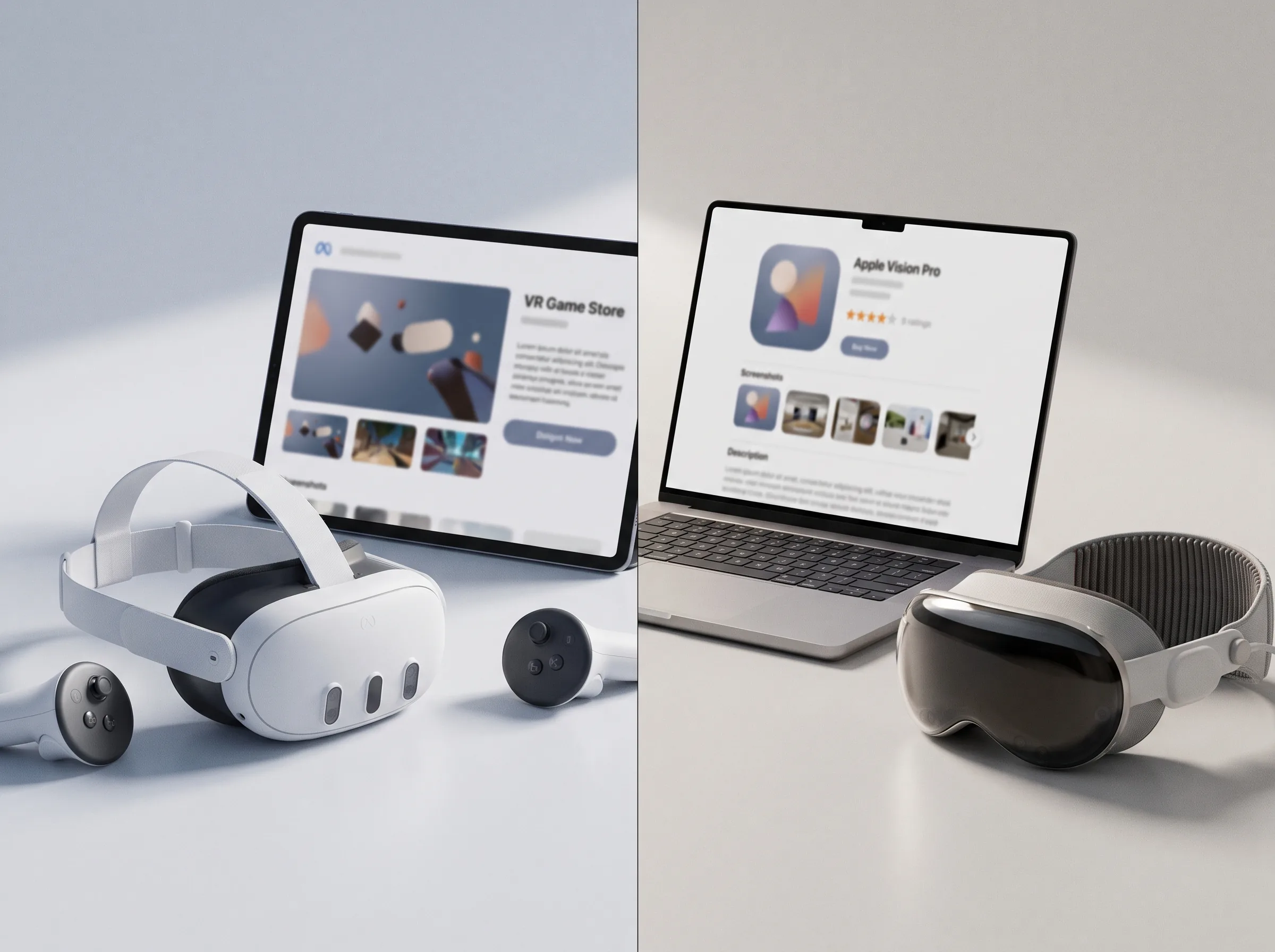Split product shot — a Meta Quest 3 beside a VR store listing, and an Apple Vision Pro beside an app store page