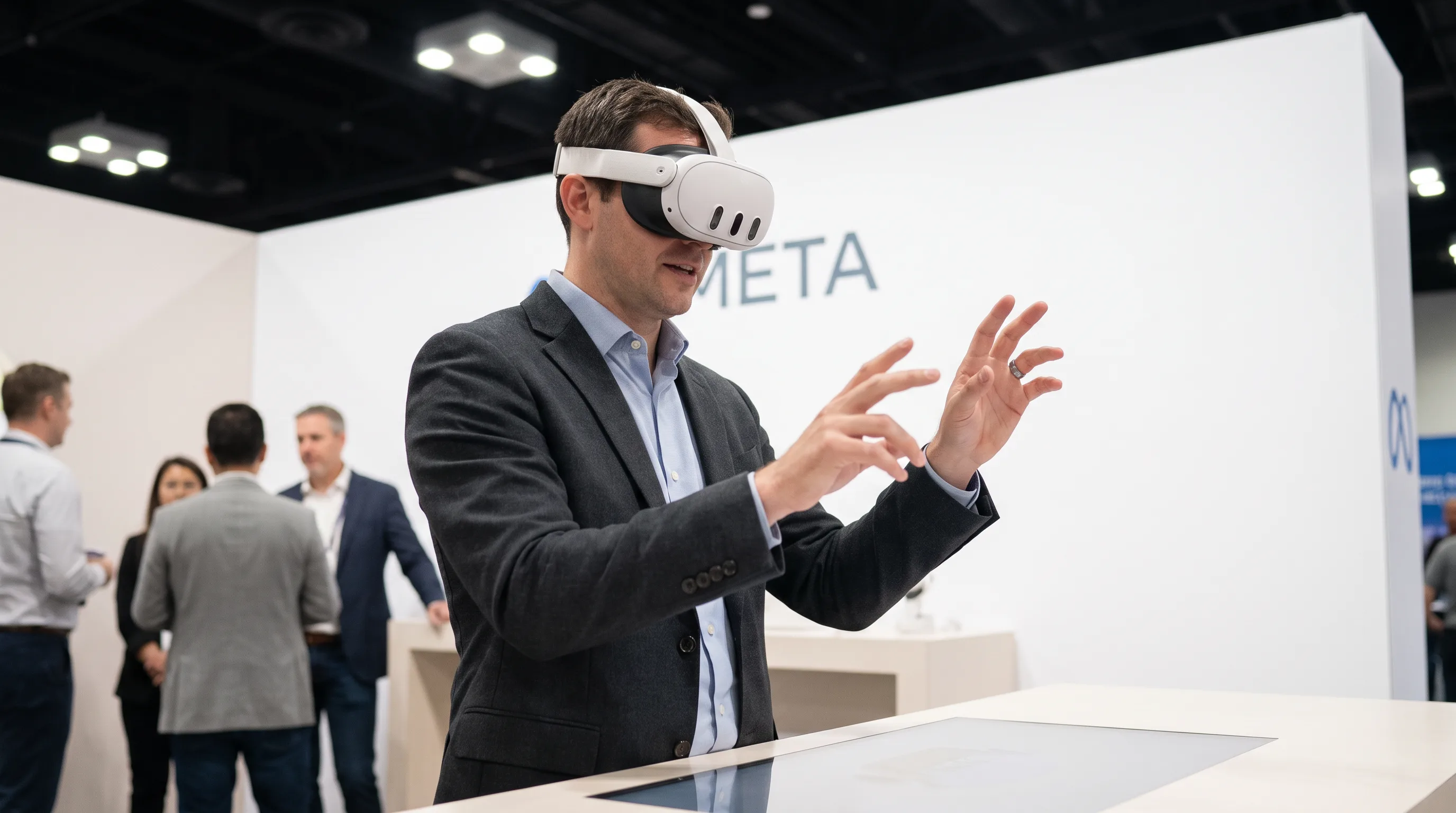 Salesperson wearing Meta Quest 3 headset at a bright trade show product demo booth
