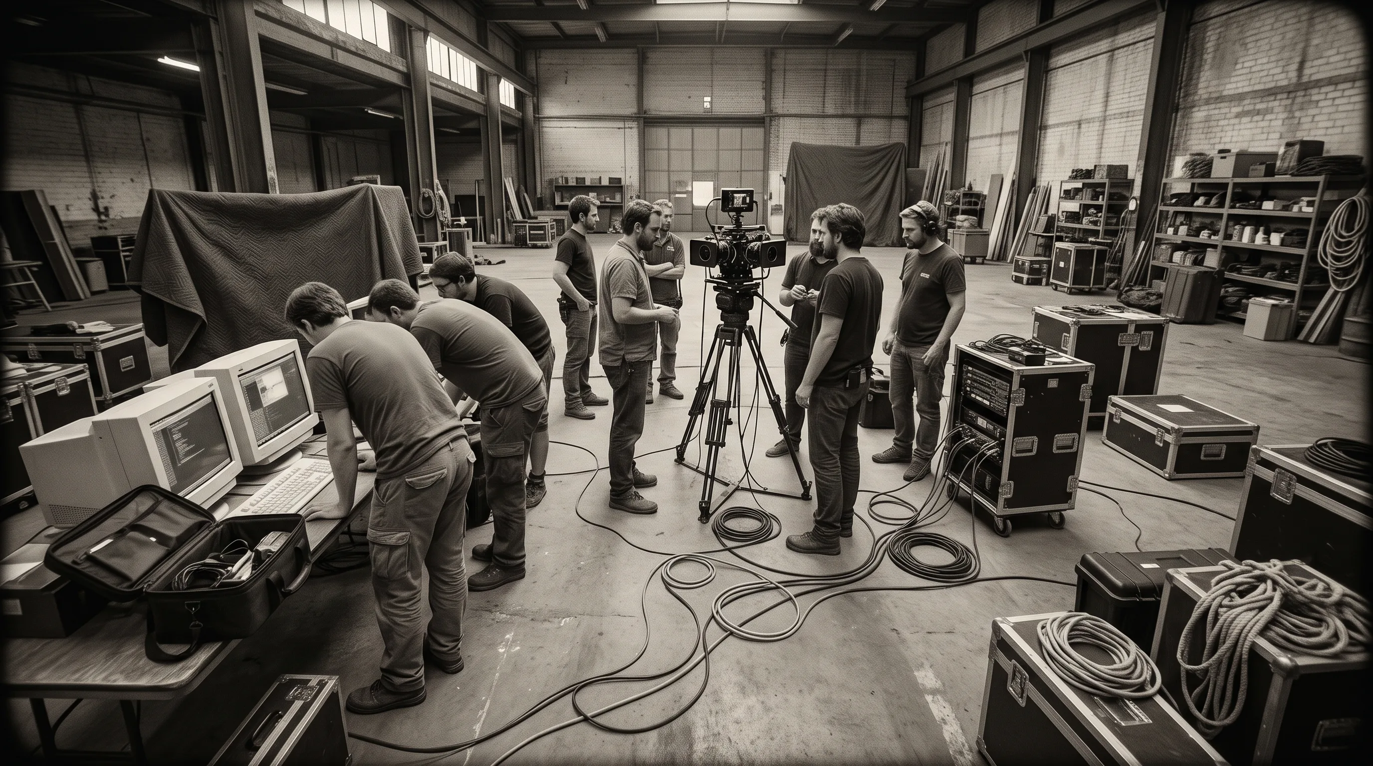A VR production crew works around a camera rig and workstation on set.