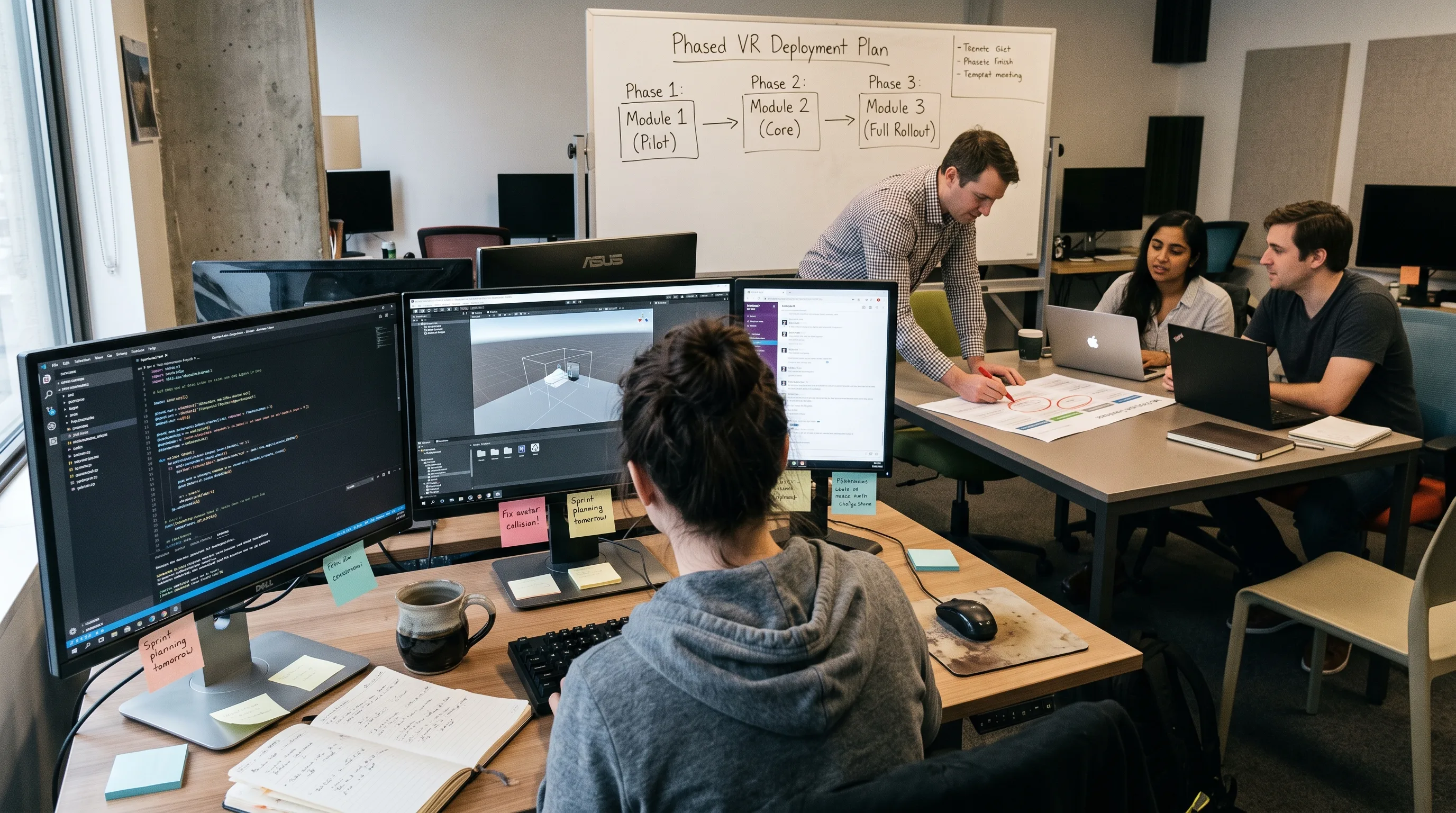 Project team circling a single VR module pilot on a printed roadmap at a meeting table