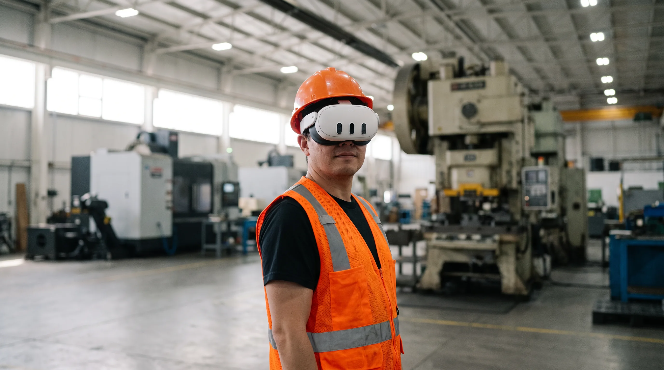 Worker wearing a Meta Quest 3 VR headset during a safety training session on a manufacturing floor