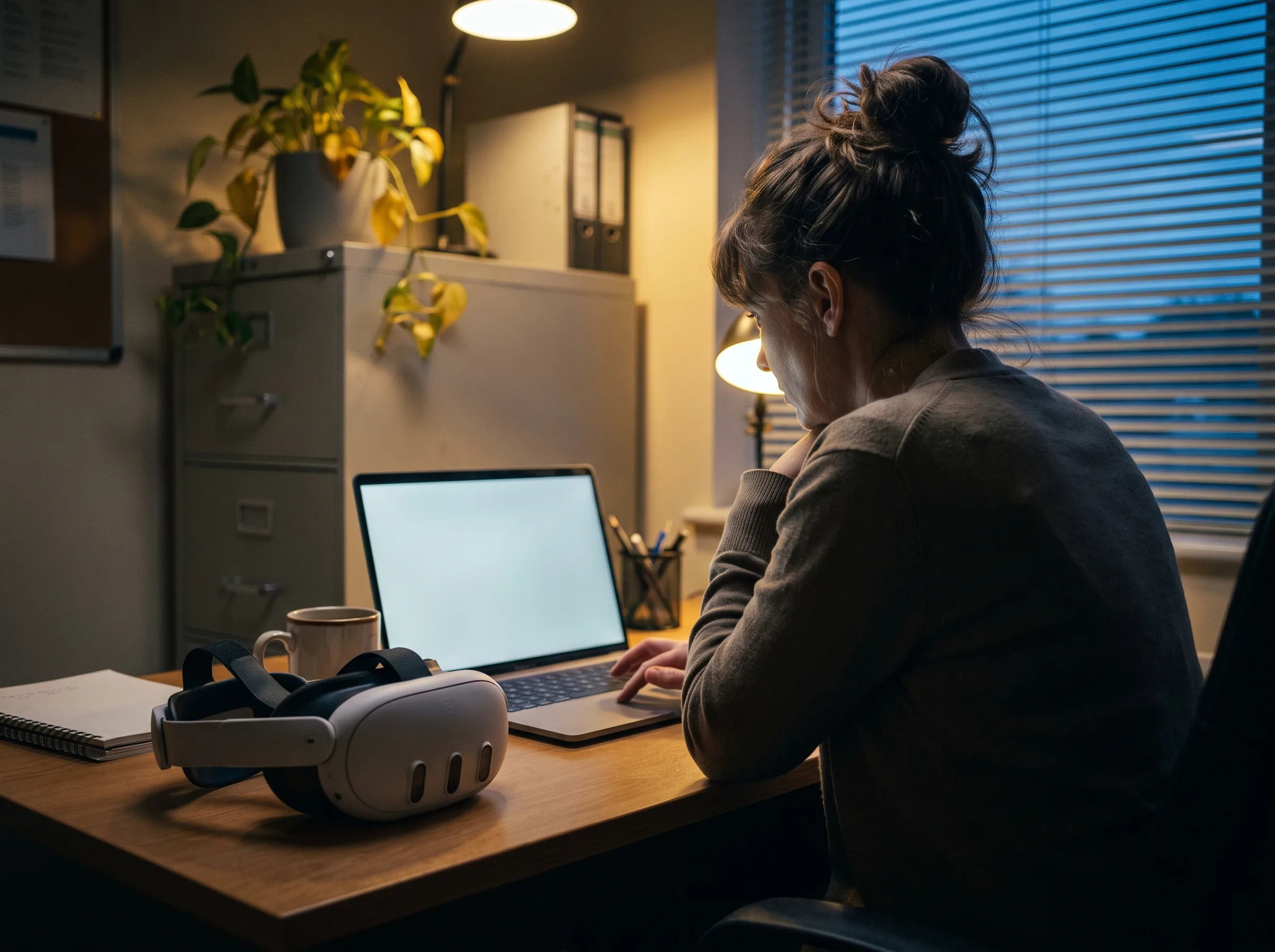 Training manager reviewing VR training simulation results on a laptop beside a Meta Quest 3 headset