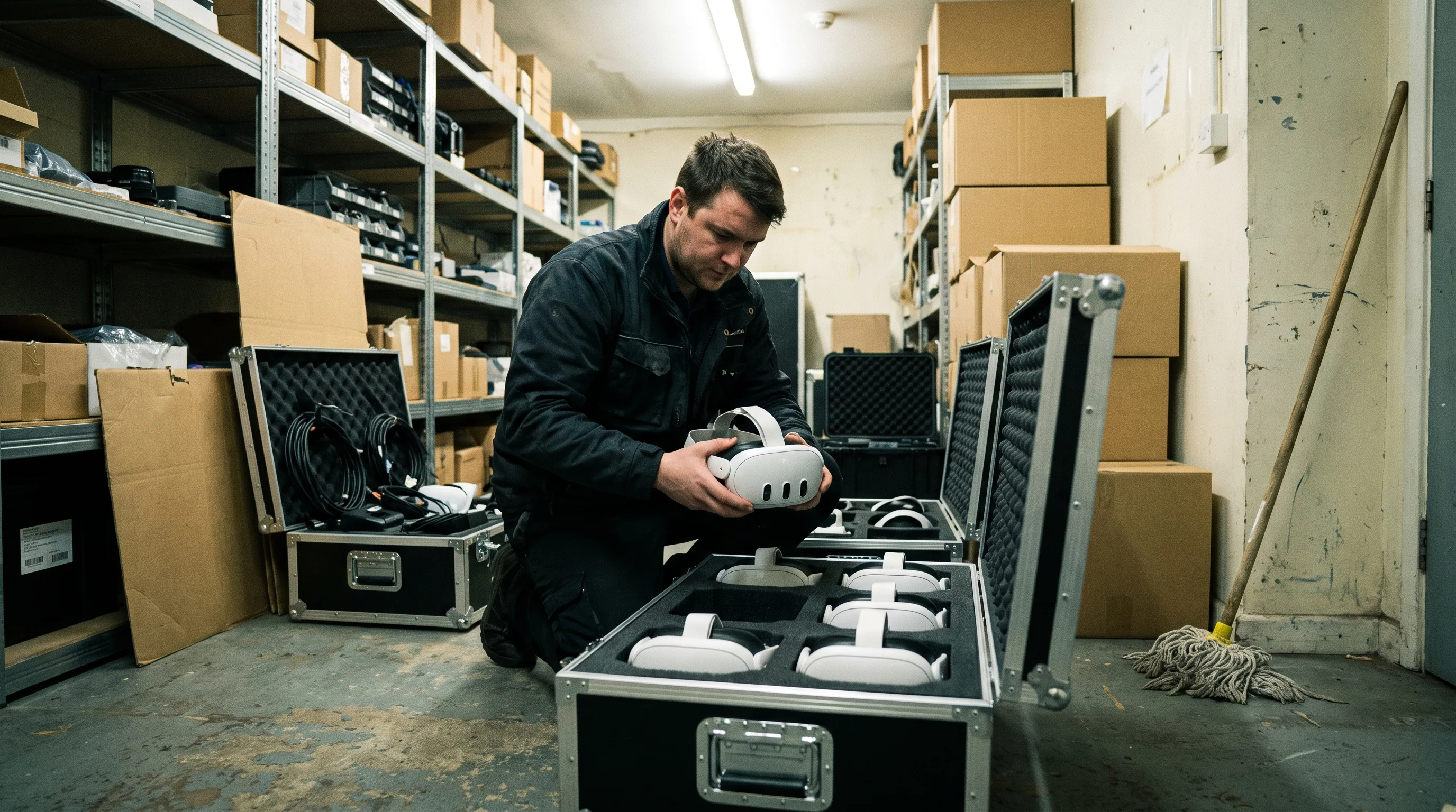 Operations technician preparing a case of Meta Quest 3 headsets for a multi-site training rollout