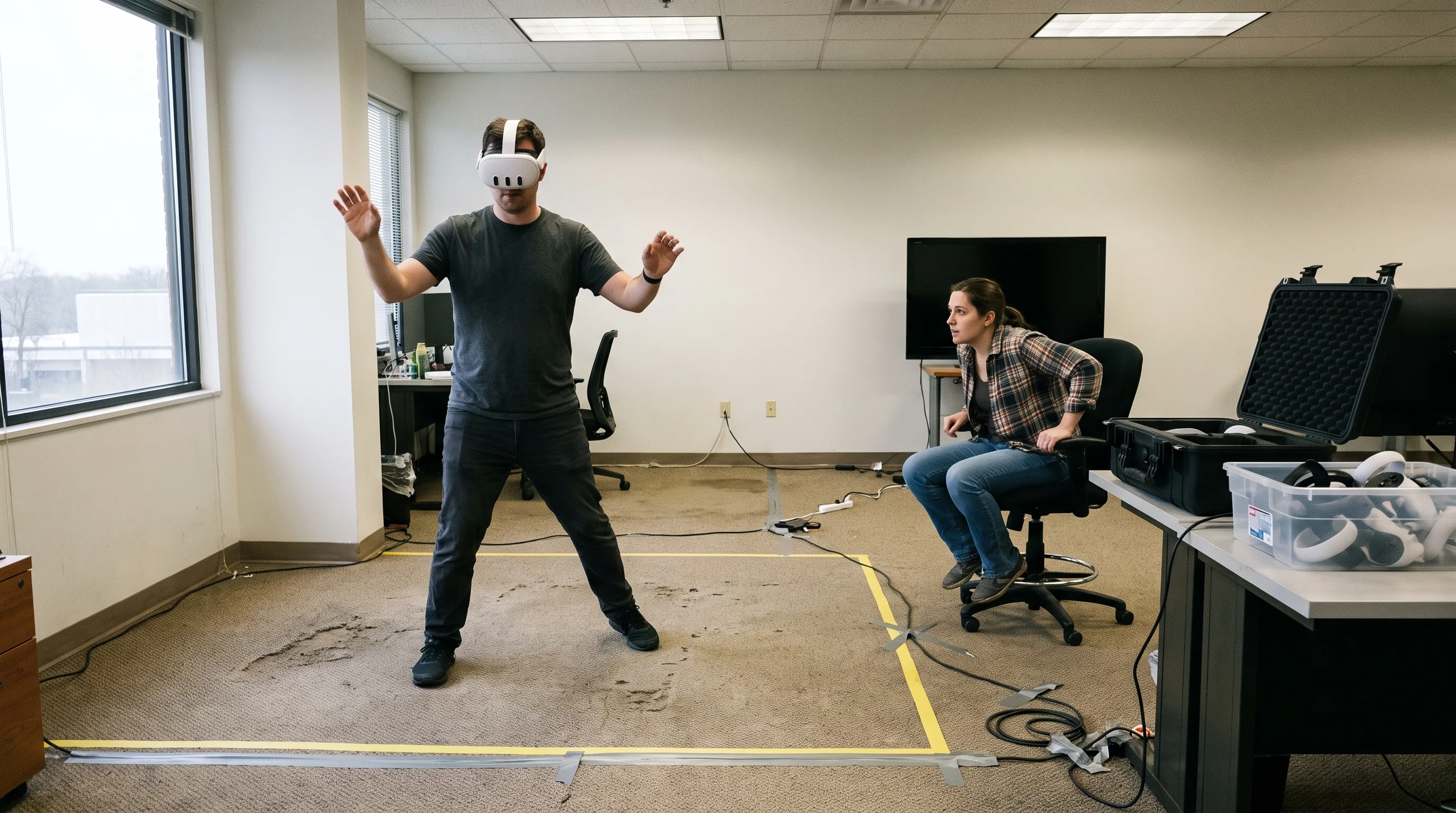 Developer testing an early in-headset VR training prototype on a Meta Quest 3 while a colleague observes