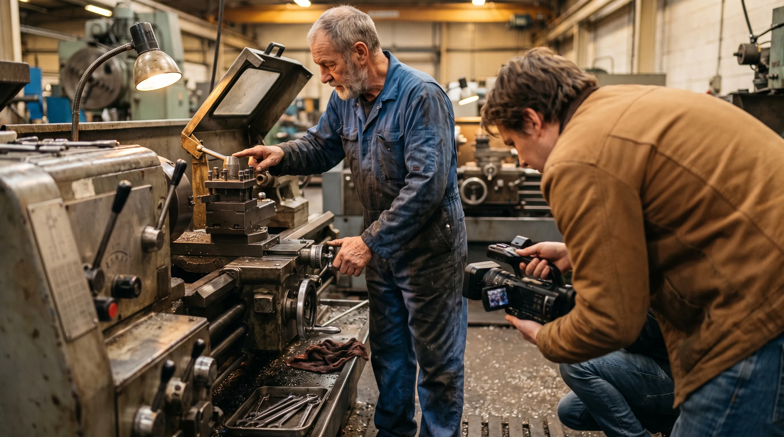Veteran machine operator demonstrating a procedure while a Frame Sixty researcher records each step