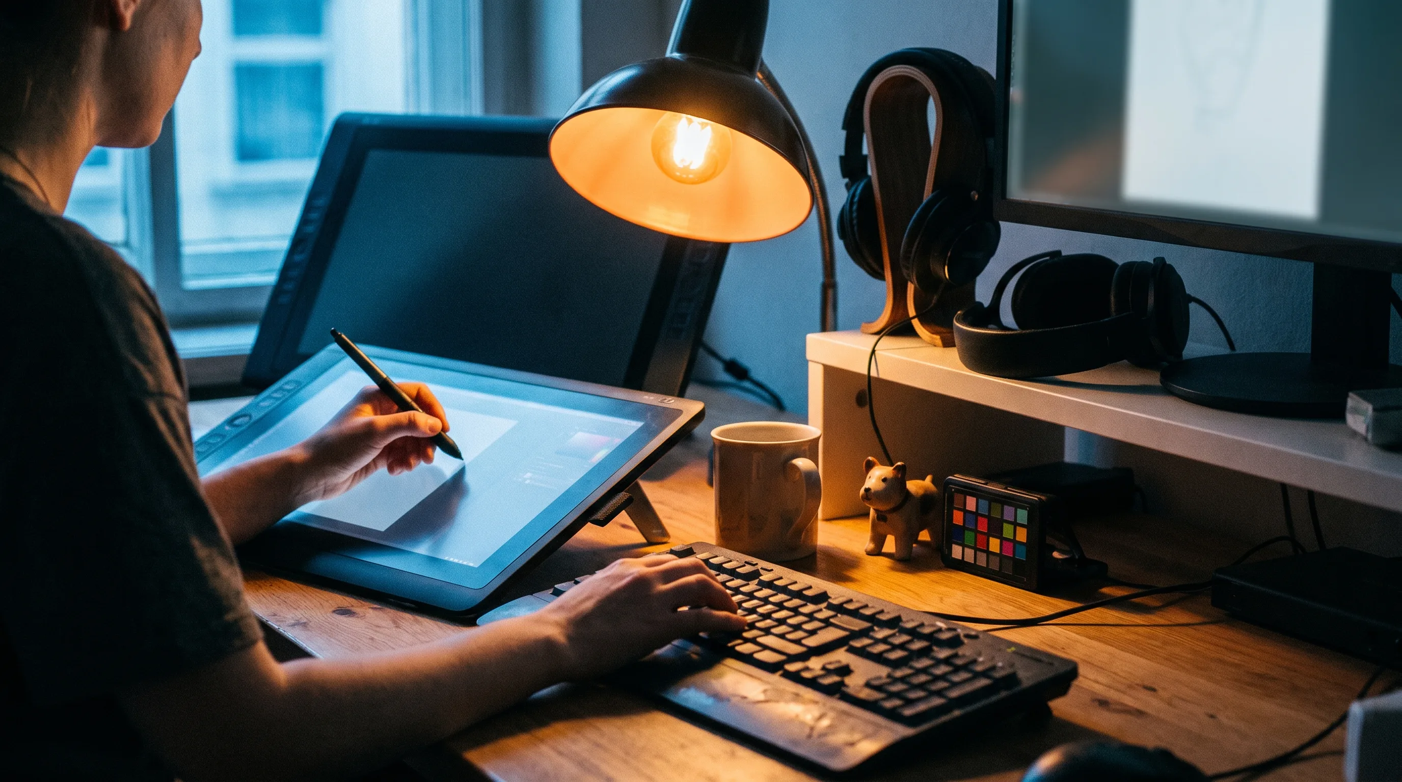 3D artist building the training environment on a pen display at a studio workstation