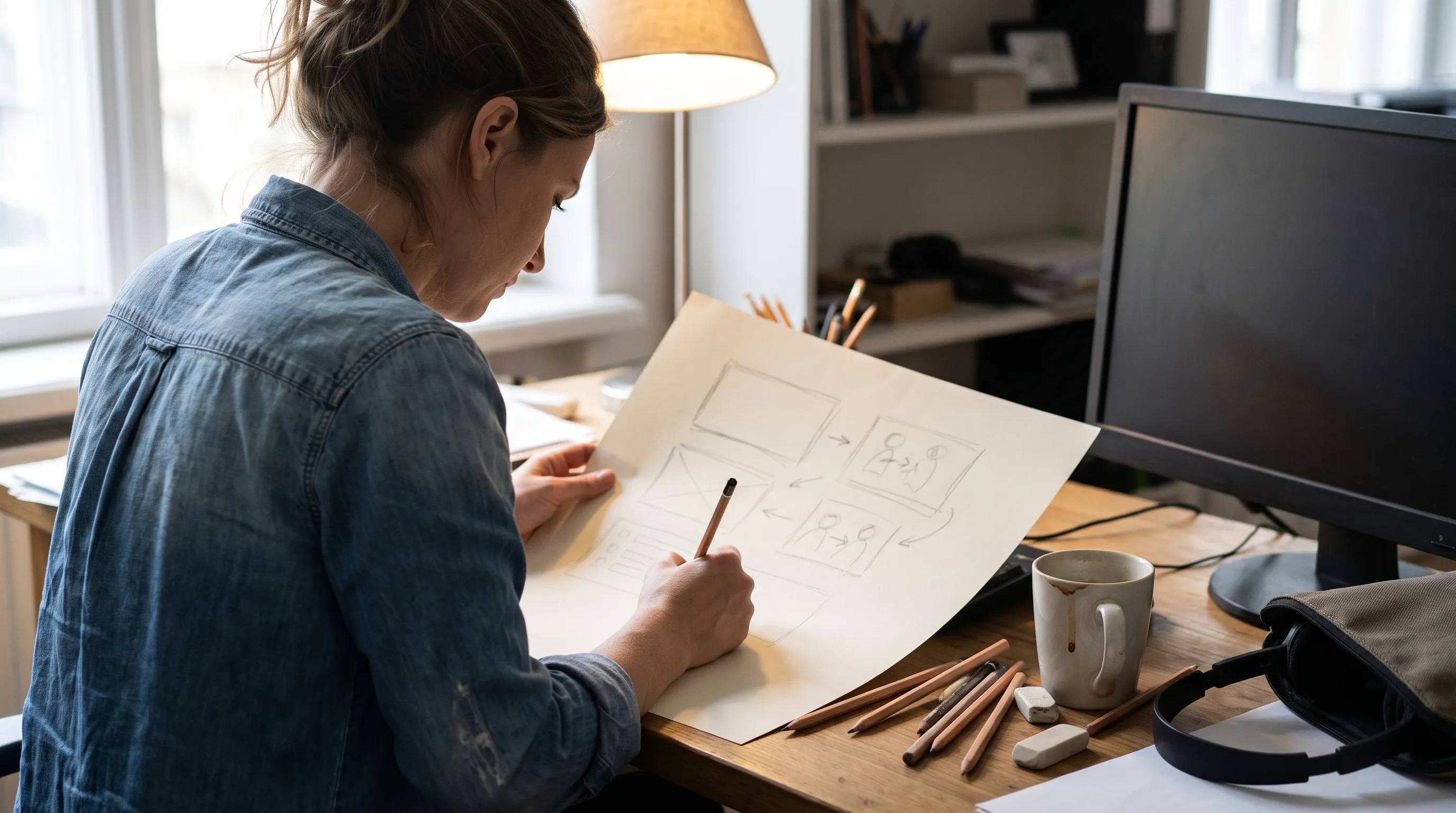 Experience designer sketching the VR training interaction flow as a storyboard