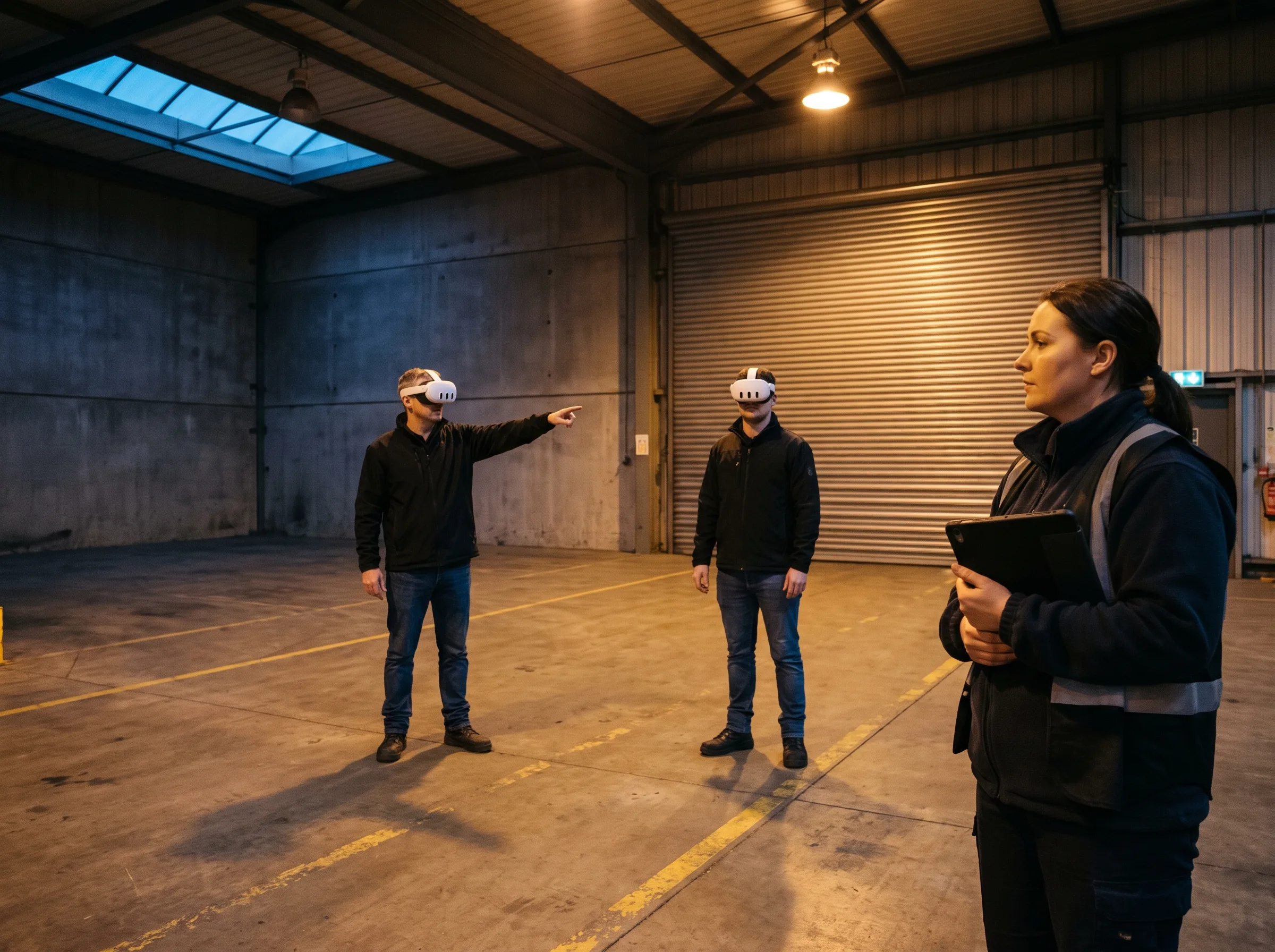 Two trainees in Meta Quest 3 headsets coordinating during a VR emergency response drill while a coordinator observes