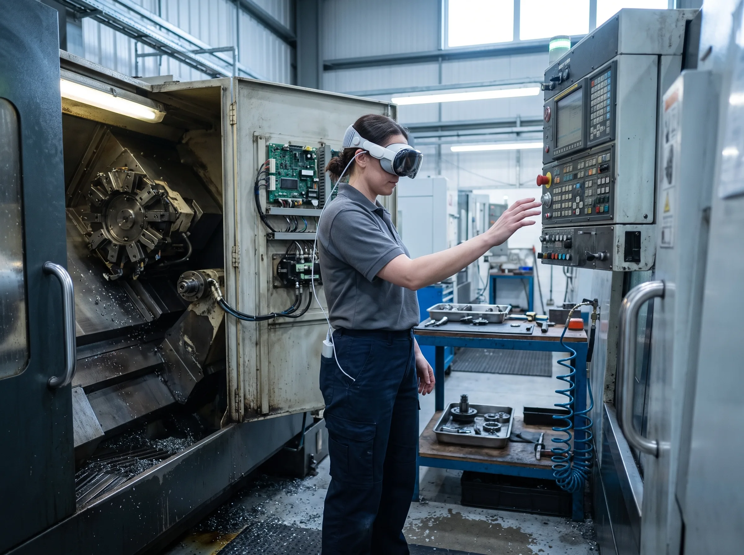 Maintenance technician in an Apple Vision Pro headset rehearsing a control panel procedure in an equipment training simulation