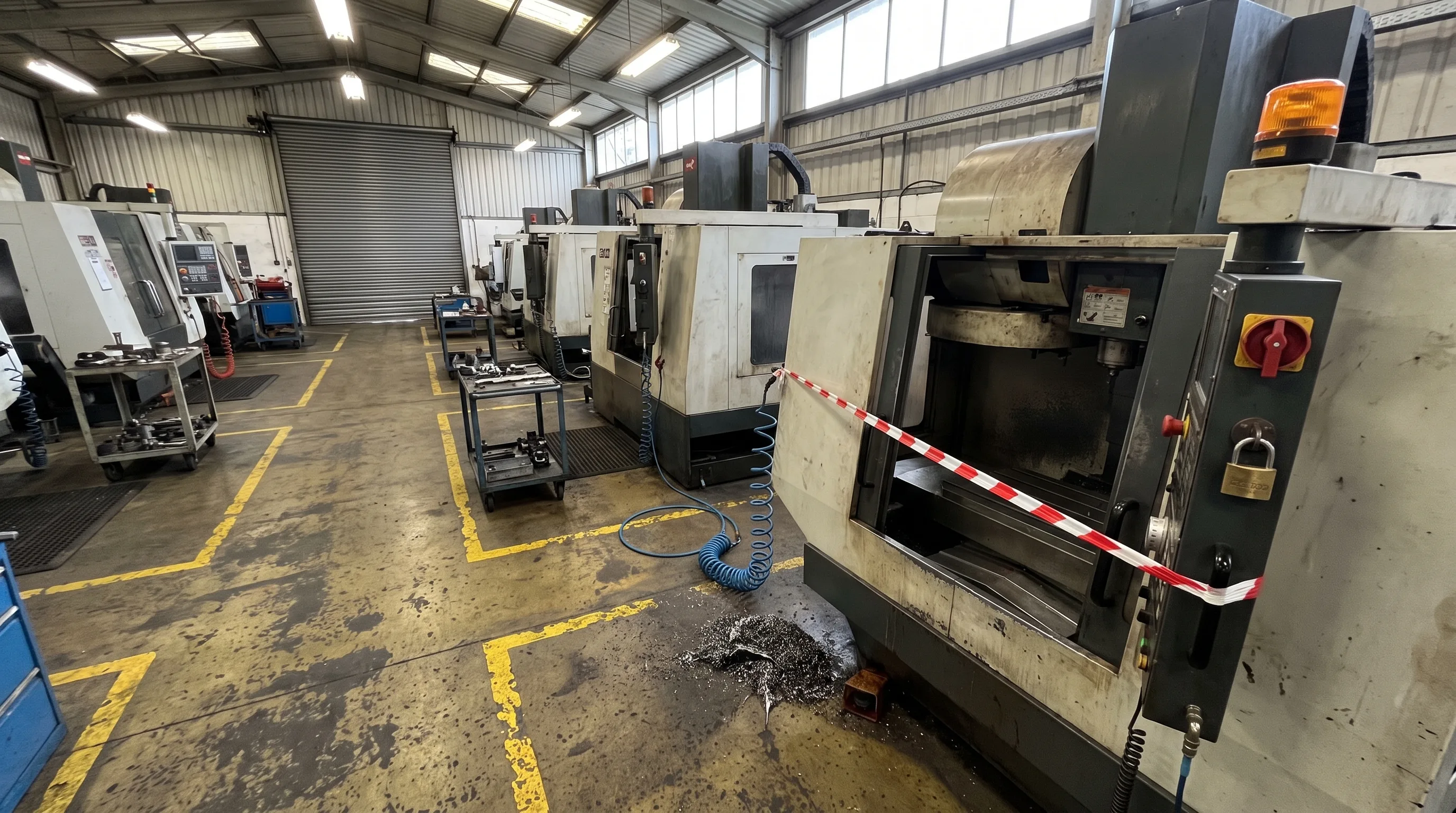 Machine shop aisle with work stopped at a machine — hazard tape, a padlock and an amber beacon marking an unsafe condition