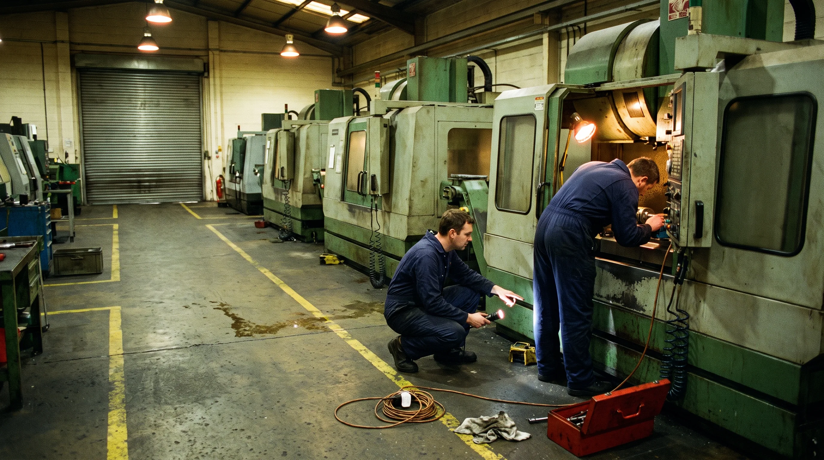 Technician mid-procedure inside an open machine panel while a colleague coordinates — a complex multi-step task