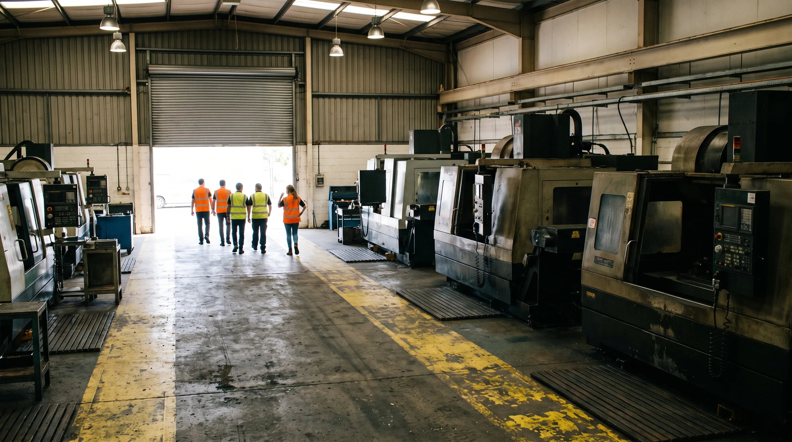 The same machine shop during an evacuation drill, workers walking calmly toward the open shutter door