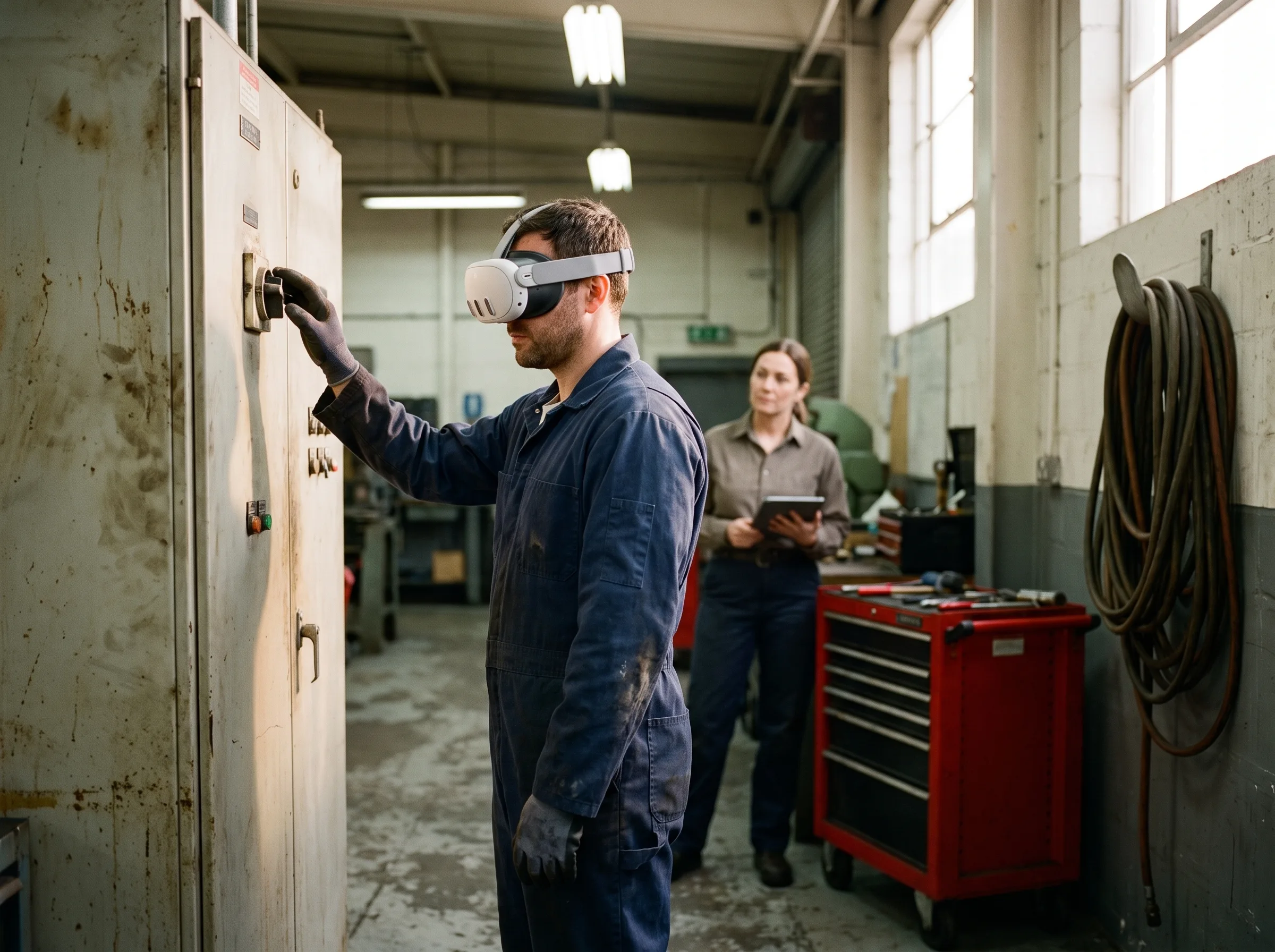 Maintenance trainee practicing a lockout/tagout procedure in a VR training simulation while a supervisor observes